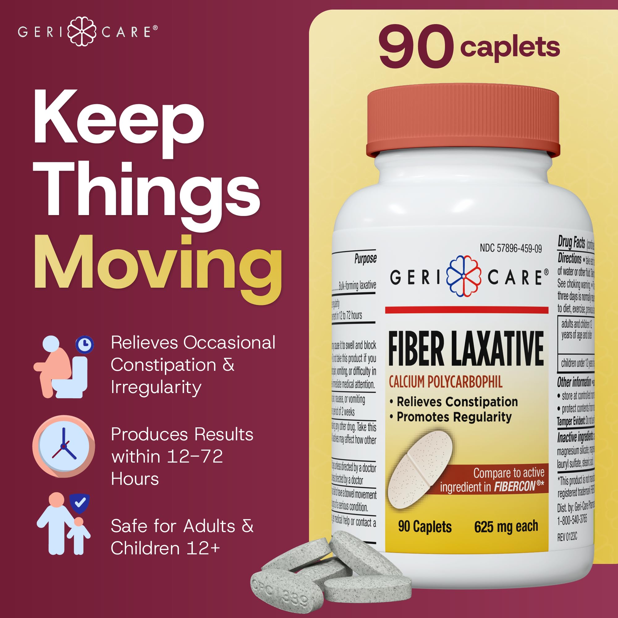 GeriCare Fiber Laxative - 625mg Calcium Polycarbophil Fiber Supplement for Women and Men - Gentle Effective OTC Relief for Constipation and Hemorrhoids - Insoluble Fiber Capsules (90 Count) — Amazon image 2