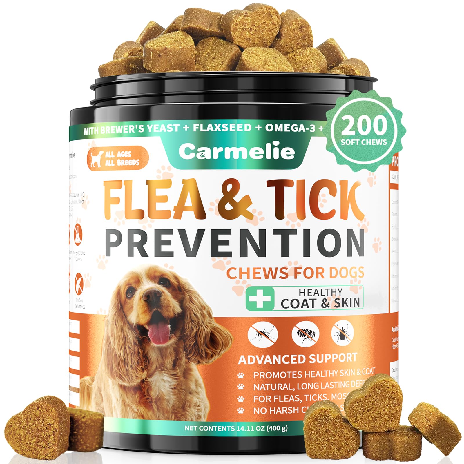 Carmelie Flea and Tick Chewables for Dogs, 200 Chews Natural Dog Flea and Tick Support