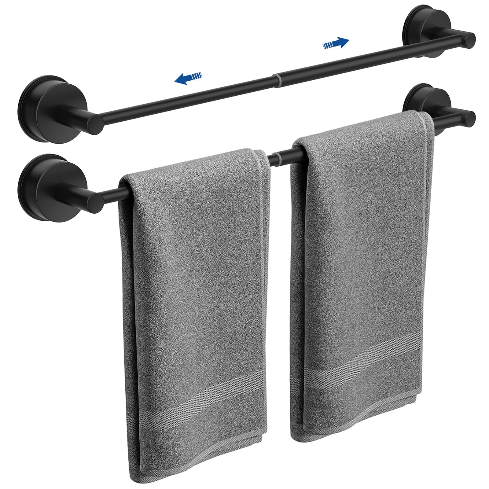 Suction Cup Towel Bar for Bathroom Wall, 14.6–24 Inches Adjustable Black Suction Towel Bar, Towel Racks for Bathroom, Bath Towel Holder for Shower (Matte Black, 2 Pack) — image 1