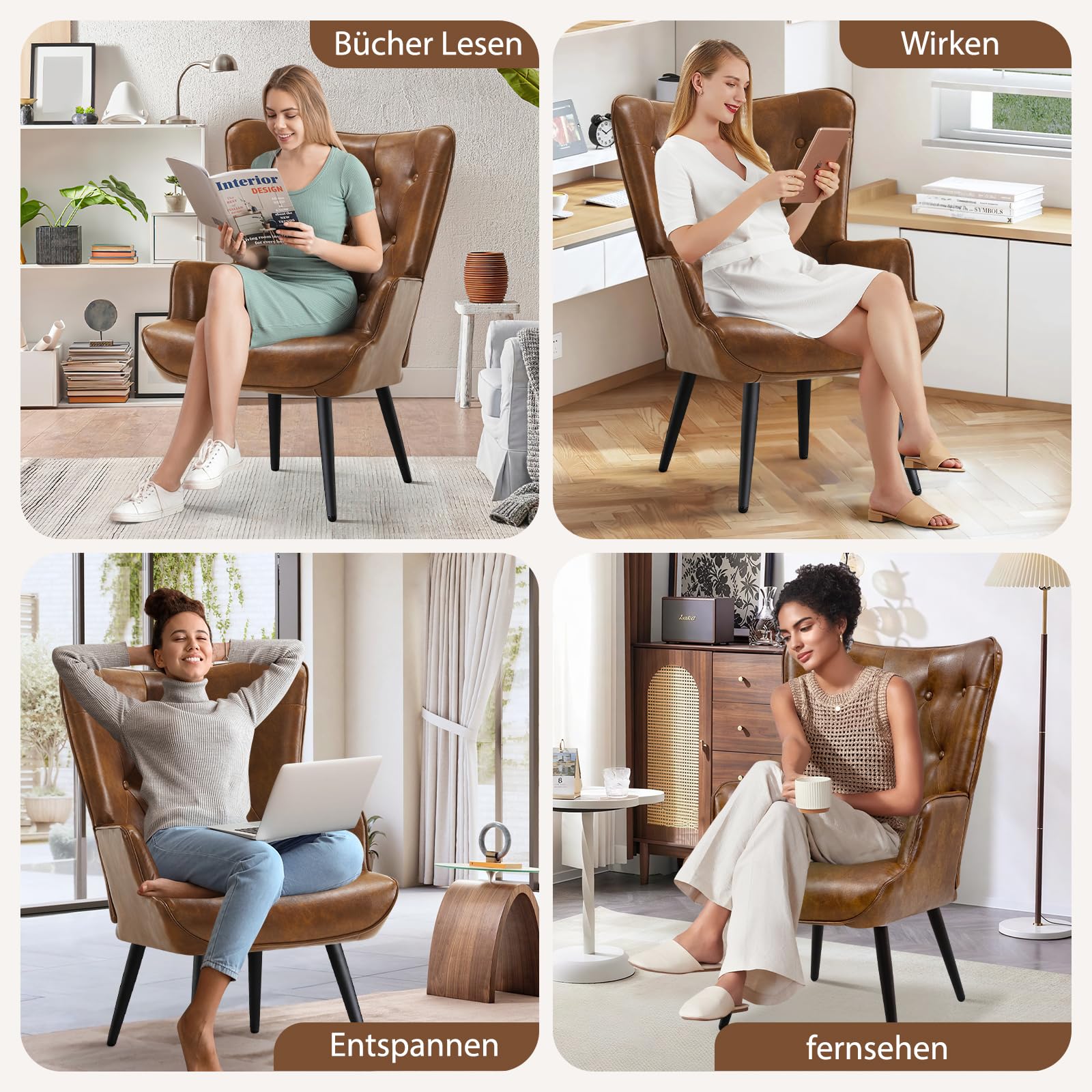 Sillones de Salón, Butaca de Salón, Sillón de Salón Orejero Estilo Escandinavo, Butaca de Dormitorio con Tapizado Sillón Lectura para Dormitorio Sala de Estar, Marrón