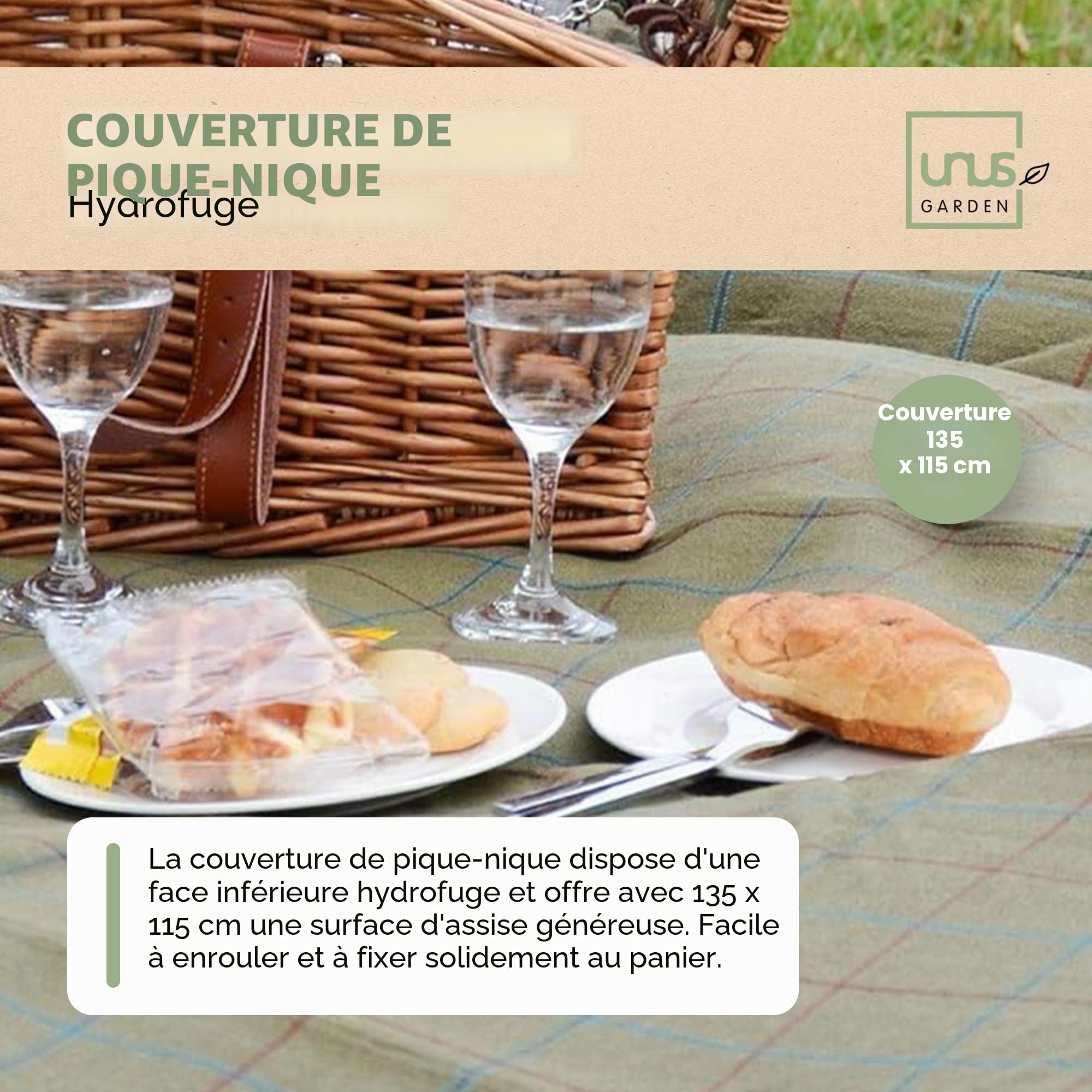UNUS Panier de Pique-Nique en Osier pour 2 Personnes avec Couverture, Vaisselle et Couverts, Set Complet avec Tapis de Pique-Nique