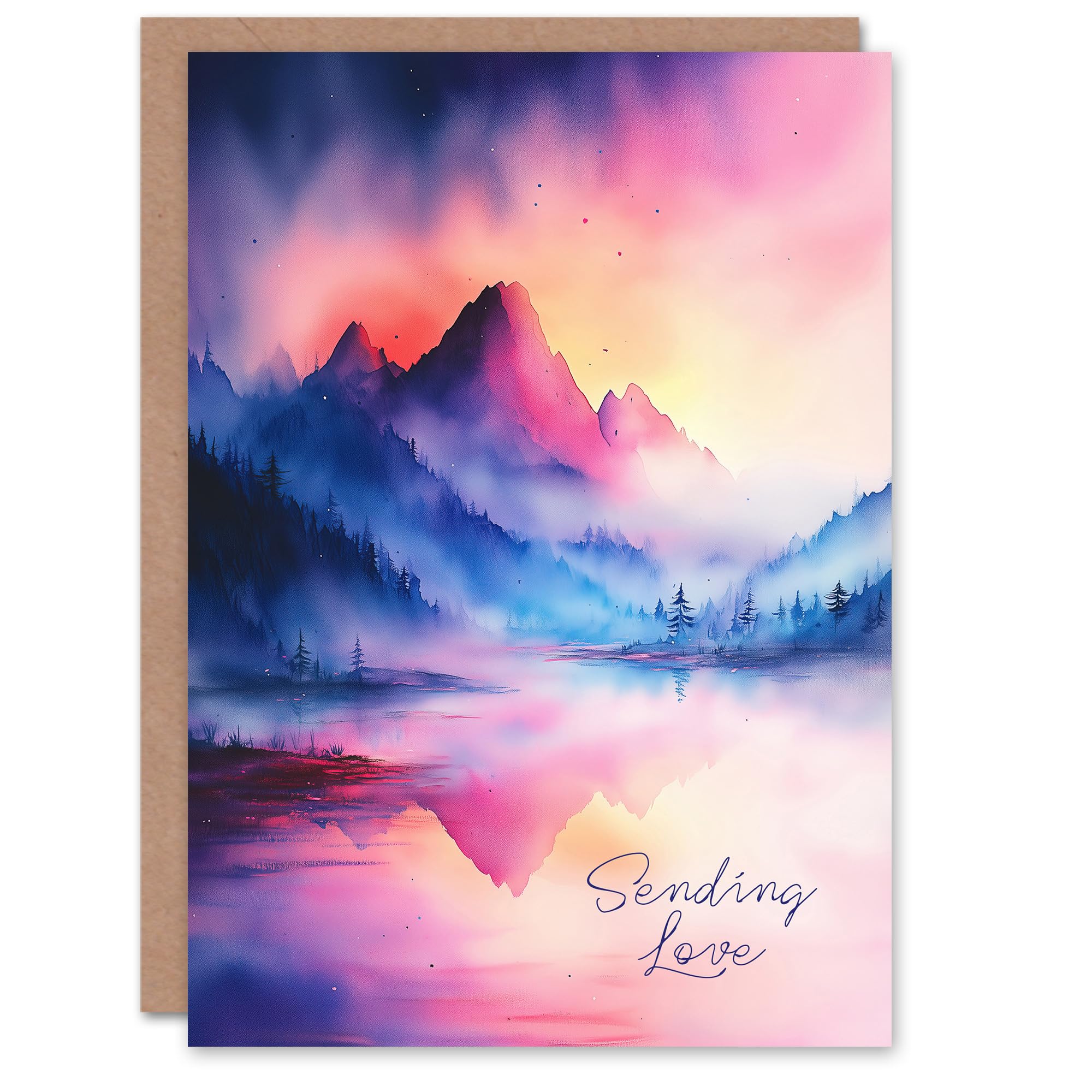 Artery8 Sympathy Card Sending Love Watercolour Mountain Lake Landscape Blank For Him Or Her Art Greeting Card