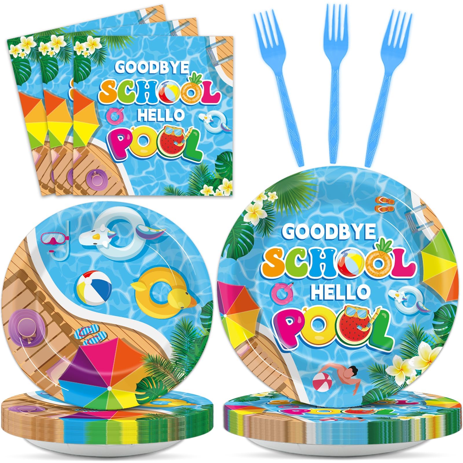 96Pcs Goodbye School Hello Pool Plates and Napkins End of School Year Party Decorations School's Out Pool Dessert Disposable Plates Summer Tableware
