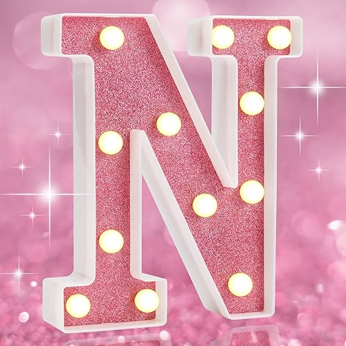 Letrero con luces LED de marquesina del alfabeto rosa con purpurina, funciona con pilas, para iluminar por la noche, para el dormitorio de las