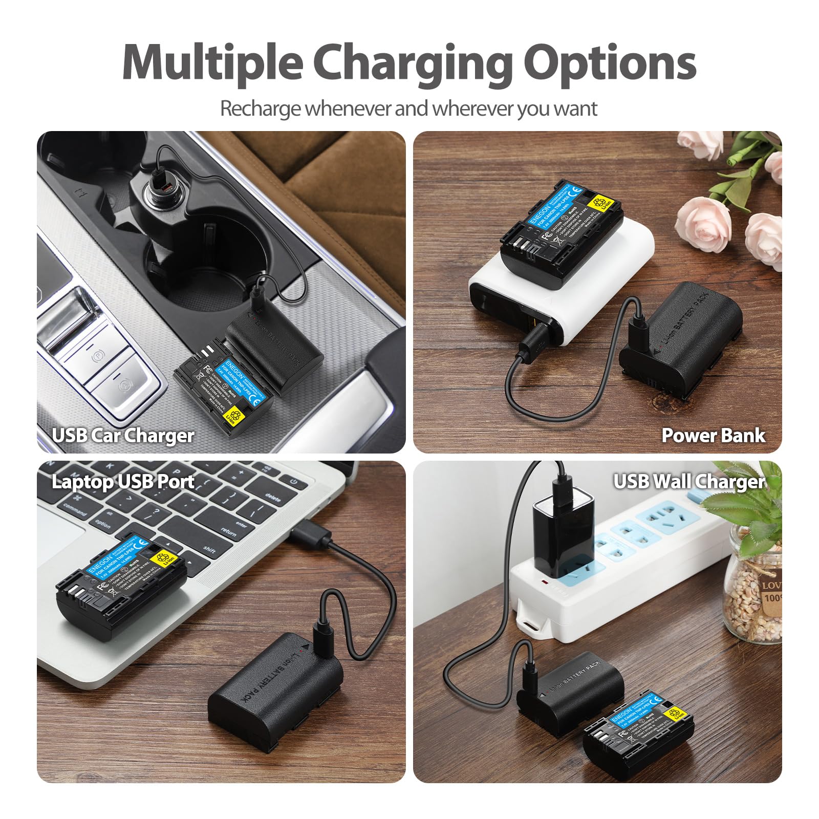 ENEGON LP-E6/LP-E6N Lot de 2 Batteries de Rechange USB-C à Charge directe 2000 mAh pour Canon LP-E6 Akuu, Compatible avec Canon EOS 5D/5D Mark III/5D Mark IV, Canon EOS 6D/6d Mark II, Canon EOS