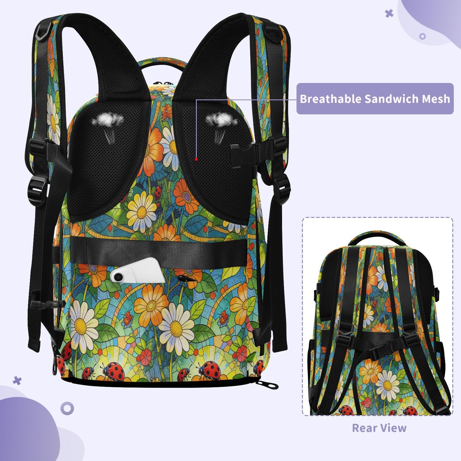 Uroczy plecak torba na laptopa 16 cali do samolotów 20 l | Czysty design torba podróżna na laptopa Flora biedronki kolorowe stokrotki torba na laptopa 15,6 cala do szkoły mochila para