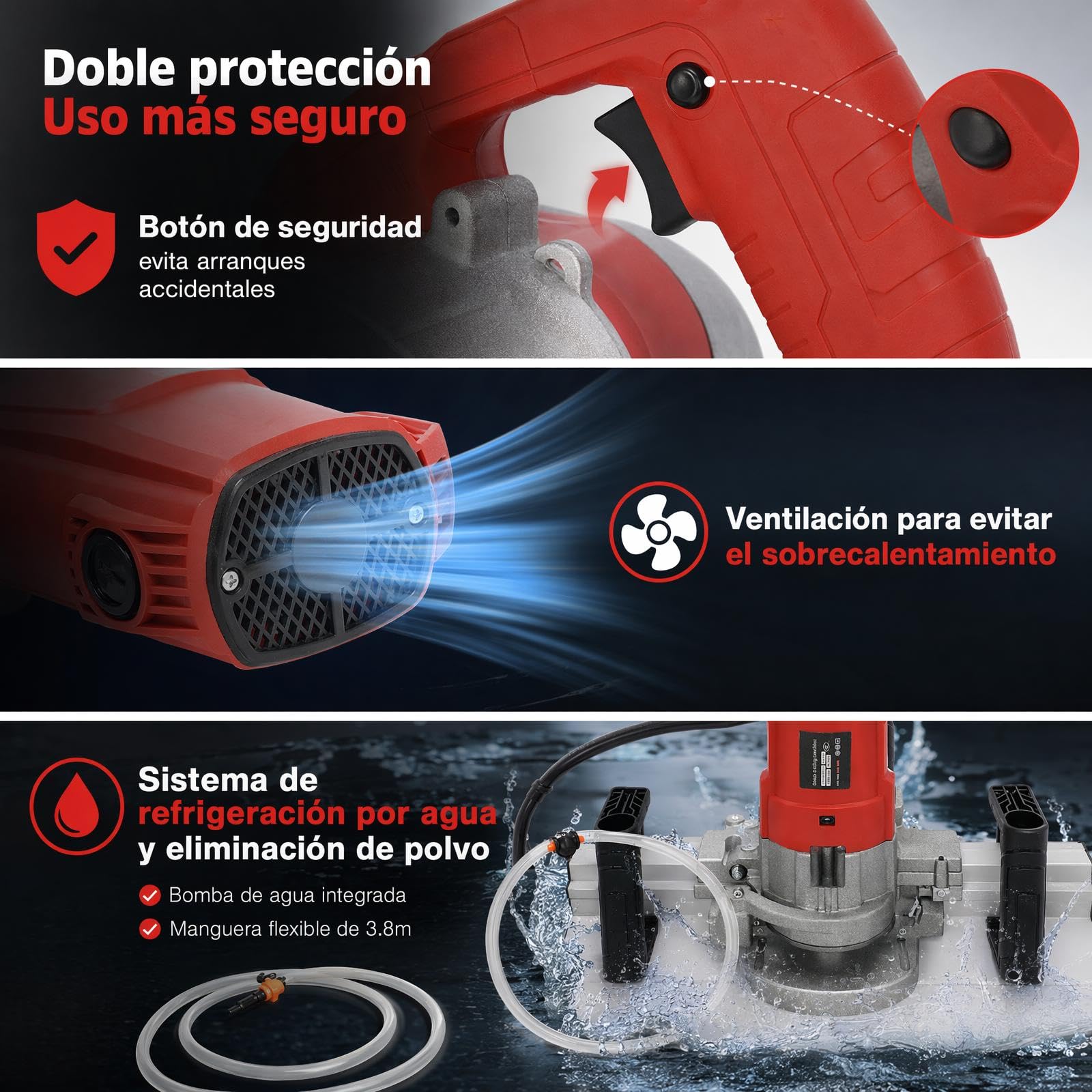 Cortador de azulejos de 1200 W, cortador de azulejos eléctrico, biselado estándar de 43 grados, 13000 r/min, 3,8 m de largo tubo de agua para una amplia gama de azulejos y es una herramienta