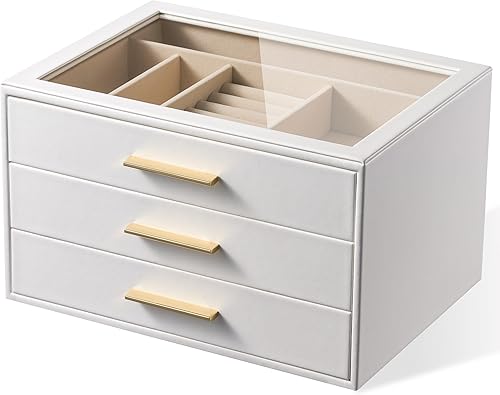 Miniatura 12 de Caja Organizadora de Joyas para Mujeres: Estuche de Almacenamiento de Joyas de 3 Capas con Ventana de Cristal, Cuero Verde Oliva con Terciopelo