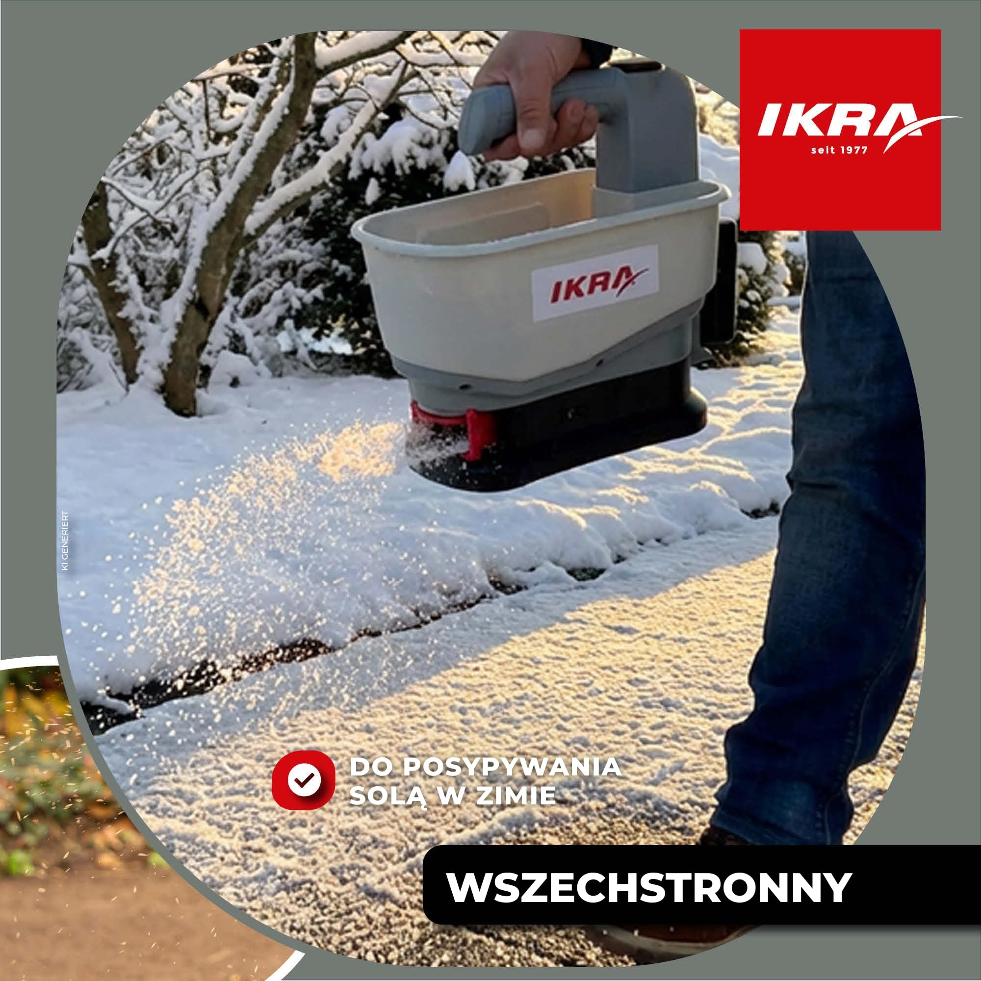 IKRA Uniwersalny rozsiewacz IAST 12, zasięg 5 m, akumulator i ładowarka | Na każdą porę roku: Efektywne rozsiewanie nawozu, soli, nasion i karmy, kompatybilny z akumulatorami IKRA 12V