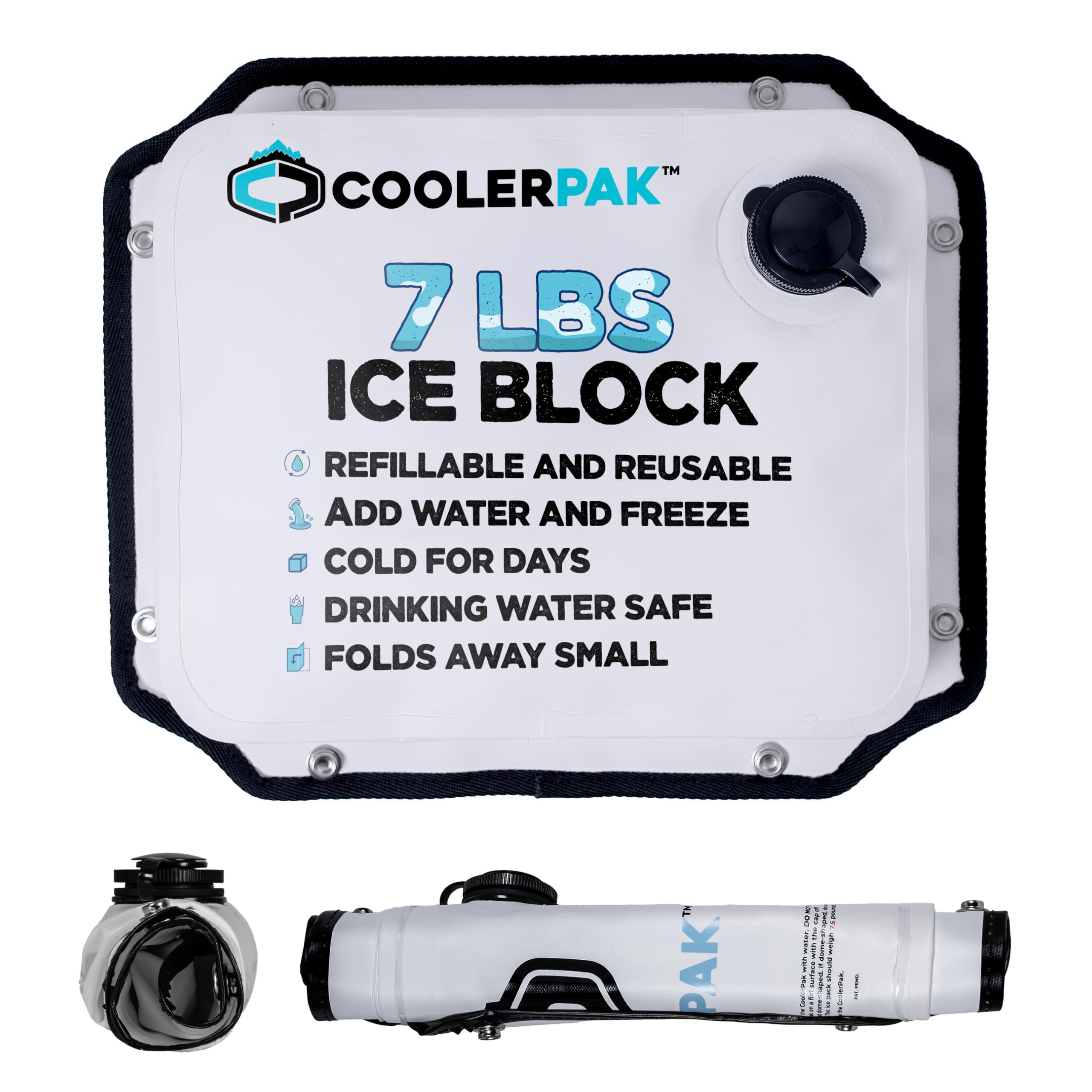 CoolerPak 3,2 kg nachfüllbarer wiederverwendbarer Eisbeutel – Edelstahl-Druckknöpfe – tagelang kalt – ungiftig, auslaufsicher, geeignet für Trinkwasser und Kalttauchen, robust, aufrollbar für einfache