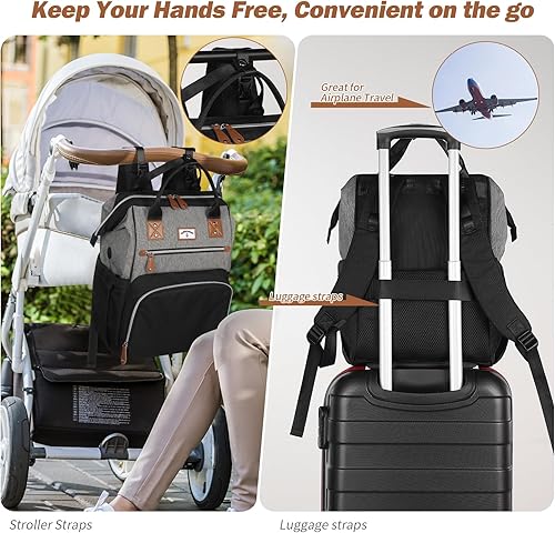 Miniatura 6 de Mochila para pañales bolsa de bebé grande para niños y niñas, Negro Gris, Mochila para pañales