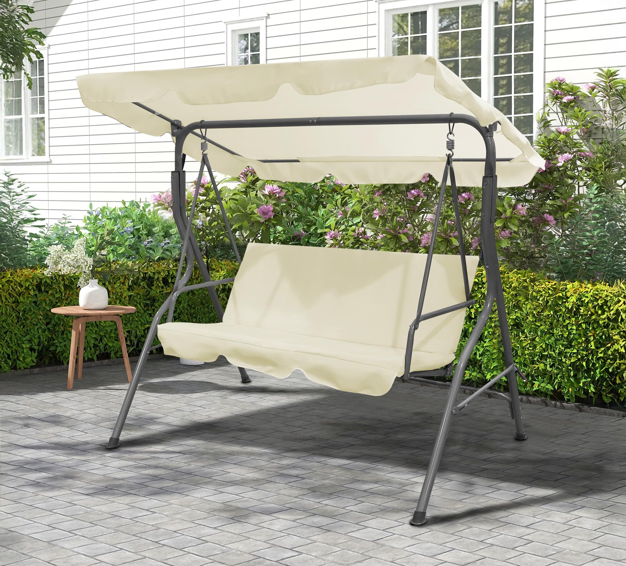 IlGruppone Dondolo da Giardino 3 Posti con Tetto Parasole Regolabile Reclinabile Impermeabile Struttura in Acciaio 173x109x157 Cm Tinta Unita Seduta Ammortizzata - Crema