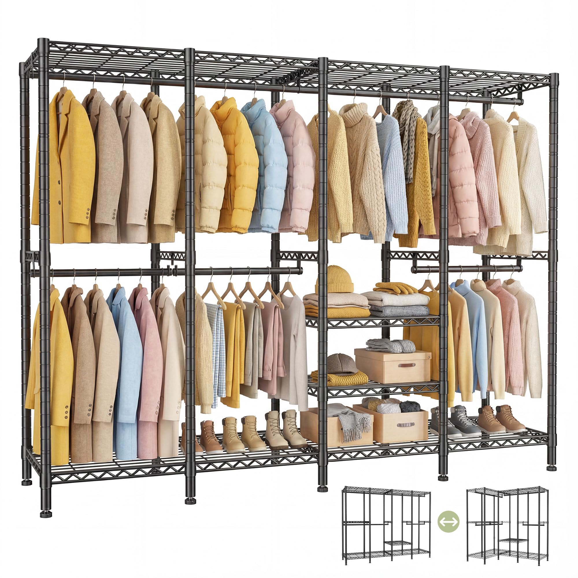 Heavy Duty Clothes Rail, 505KG Load Clothes Rack with Adjustable Shelves, Tool-Free Setup Open Wardrobe for Bedroom, Metal Clothes Rail for Living Room, Walk-in Wardrobe 195.5Hx193.5Wx45.5Dcm (Black)