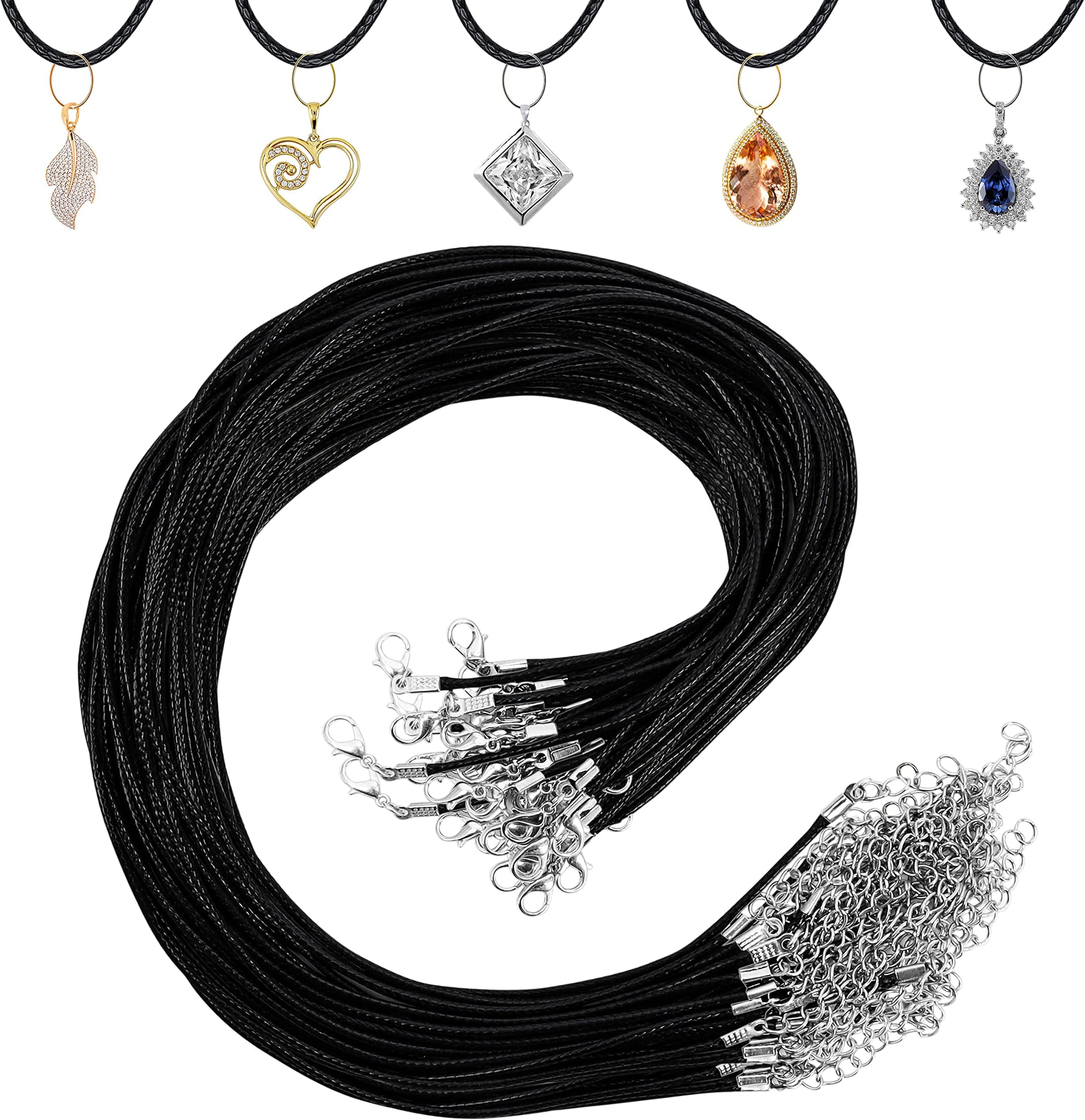 Kurtzy 50 Pack Black Waxed Necklace Cord with Chain and Lobster Clasp - 48.5cm / 19.09 Inches - Bulk DIY Polyester Jewellery Making Rope for String Pendant Necklaces, Bracelets & Anklets