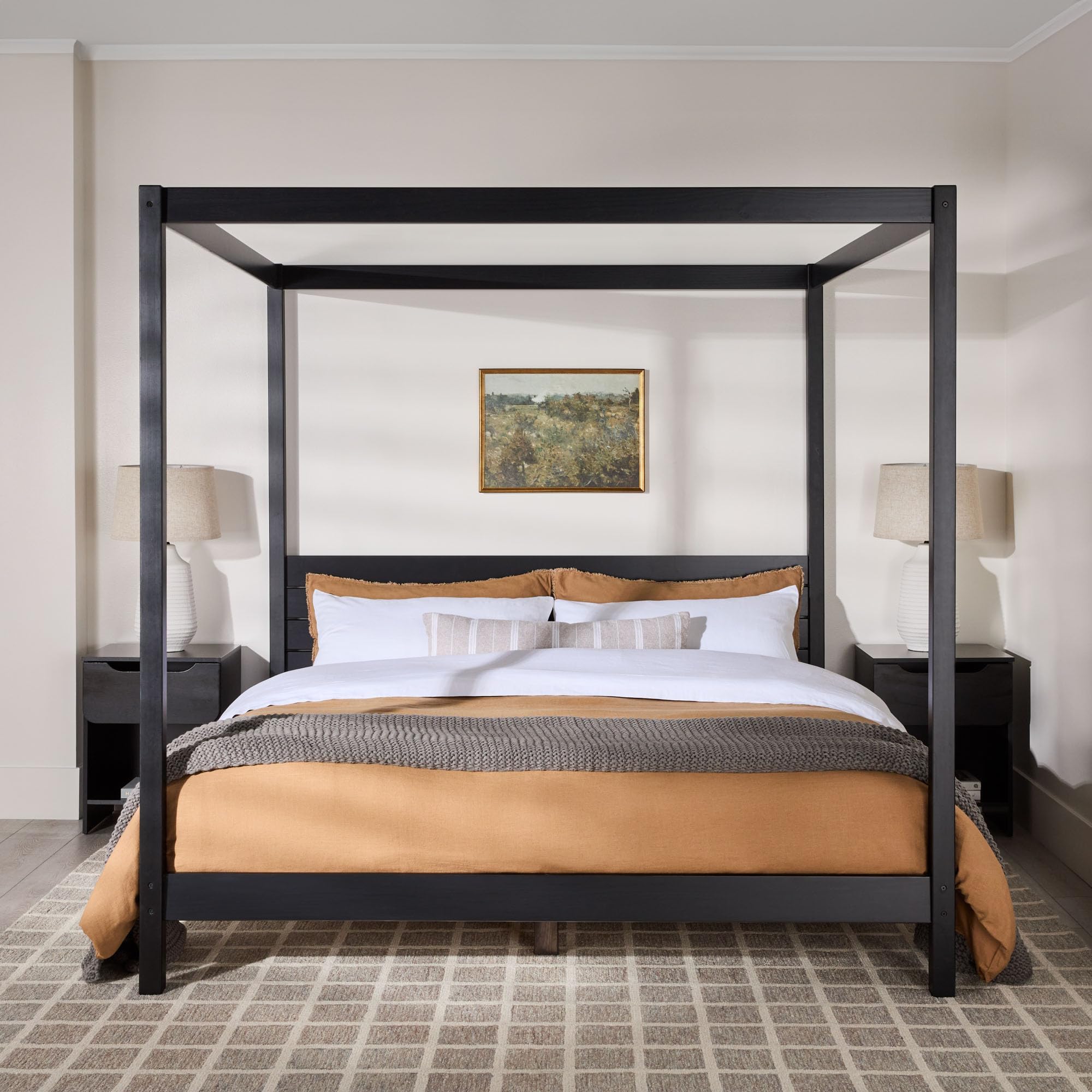 Walker Edison King Minimalist Slatted Headboard Canopy Bedframe, King Size, Black