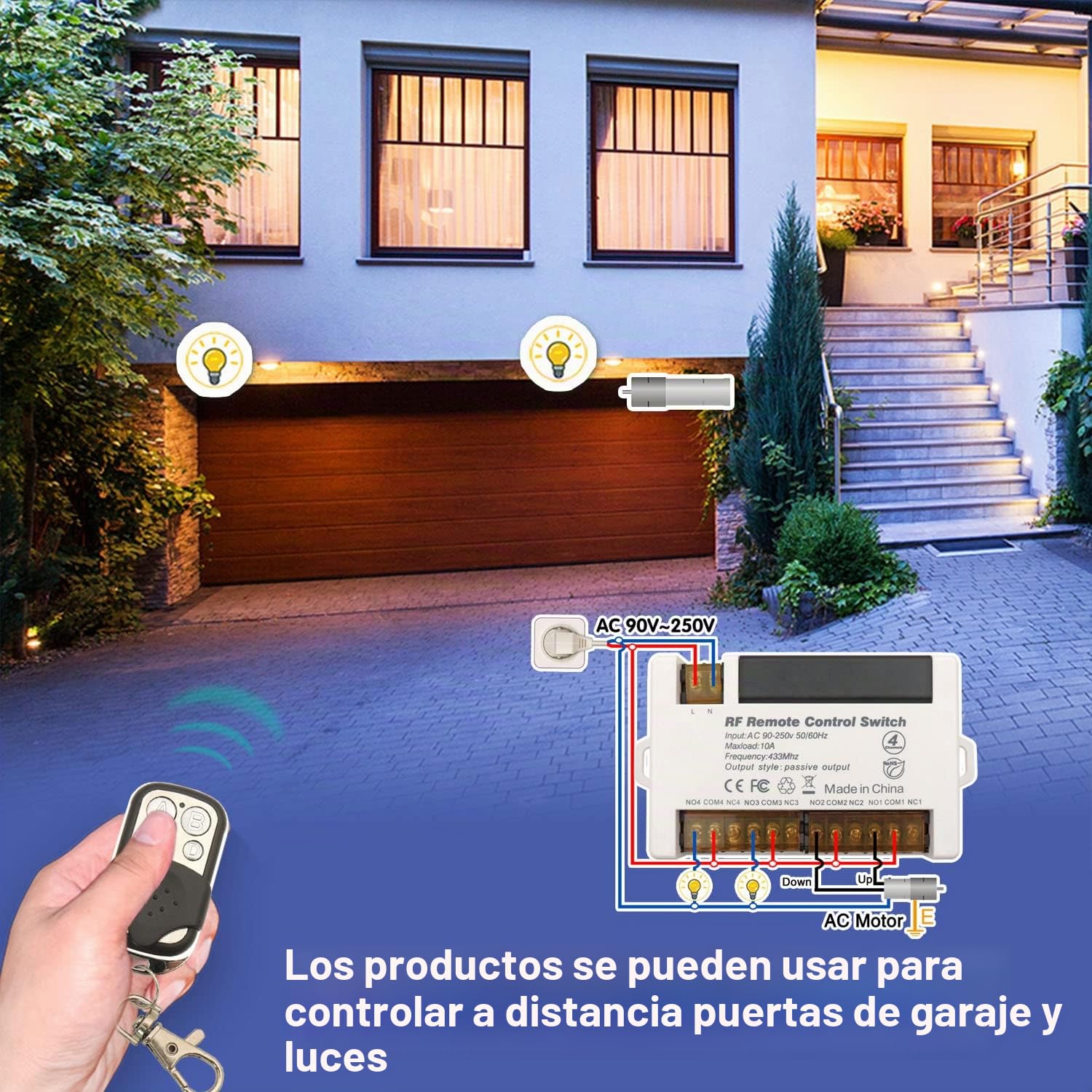 DieseRC Interruptor de mando a distancia de Relé Inalámbrico de 4 Canales 433MHz RF AC 220V 230V 10A Receptor de relé con 2 Control Remoto Transmisores, Terminal Grande Cableado Fácil