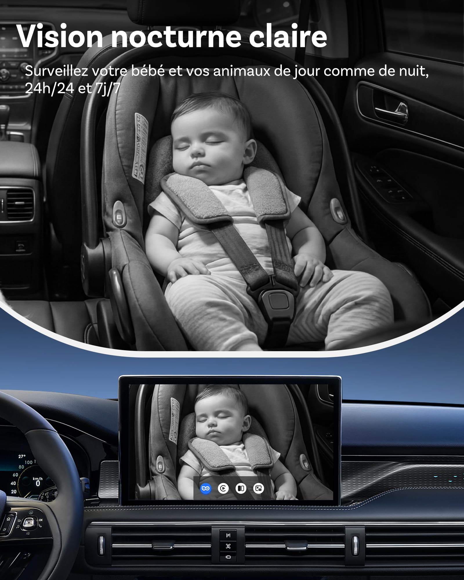 OTTOCAST Cabin Care, Adaptateur CarPlay sans Fil avec Caméra 2026, Caméra Bébé Voiture, Baby Monitor CarPlay sur Écran d’Origine, Écran Partagé & PiP, Vision Nocturne 1080P, Grand Angle, Plug & Play