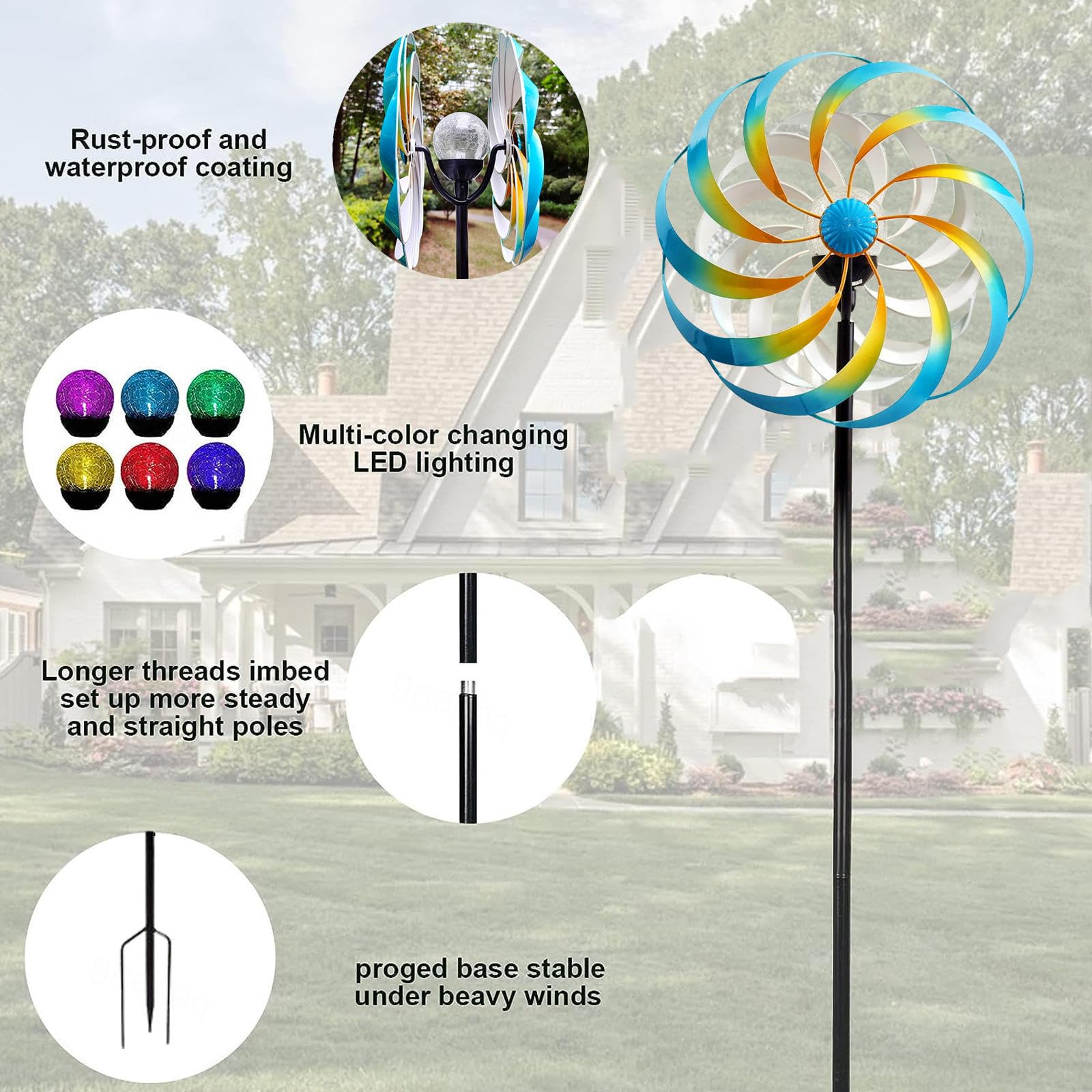 HAZARA Girandole A Vento, Filatore di Cantiere, Colore LED Che Cambia Sfera di Vetro Ad Energia Solare Scultura del Vento,Blue
