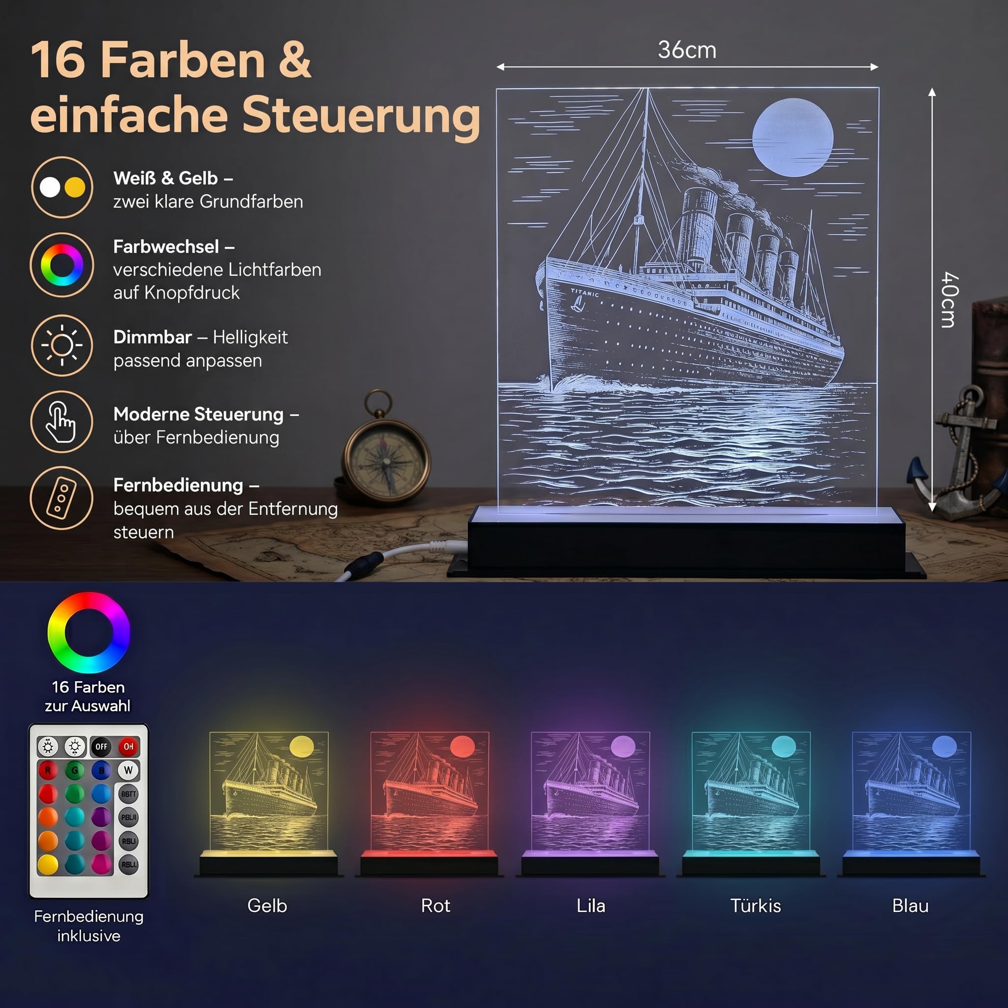 Titanic Premium LED Lampe – Handgefertigt in Deutschland, 36 cm, 16 Farben, dimmbar, Vollacryl-Sockel, 230V Netzbetrieb, Maritime Deko
