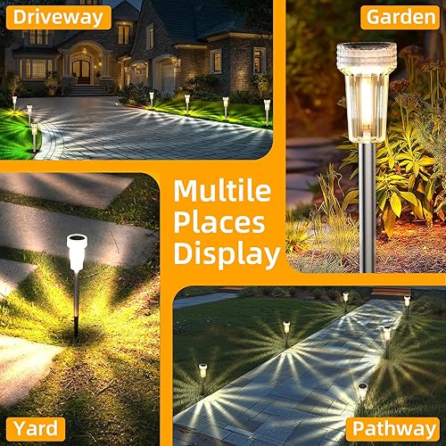 Miniatura 8 de DERAYSION Luces solares para exteriores, paquete de 8 luces solares impermeables para jardín, poste de acero inoxidable con forma de estallido de