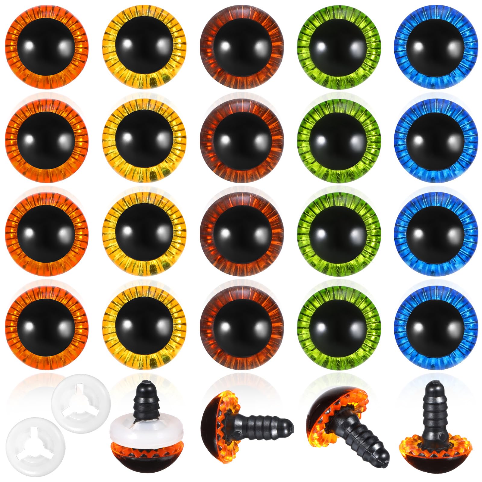Muiltvoe 20 Pcs Safety Eyes, 15mm Glitter Crochet Eyes with Washers Plastic 3D Stuffed Animal Eye for Amigurumi DIY Plush Stuffed Animals Doll Making