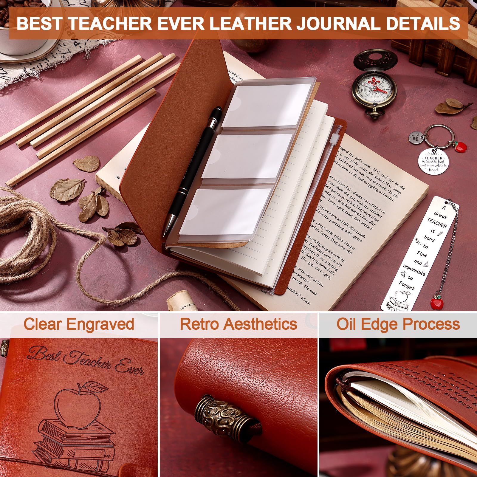 ULELE 4 Pcs Thank You Teacher Gifts Christmas Teacher Gifts for Men Best Teacher Ever Leather Journal Gifts Teacher Appreciation Keyring Bookmark Ballpoint Pen for Thanksgiving Christmas Graduation - Image 4