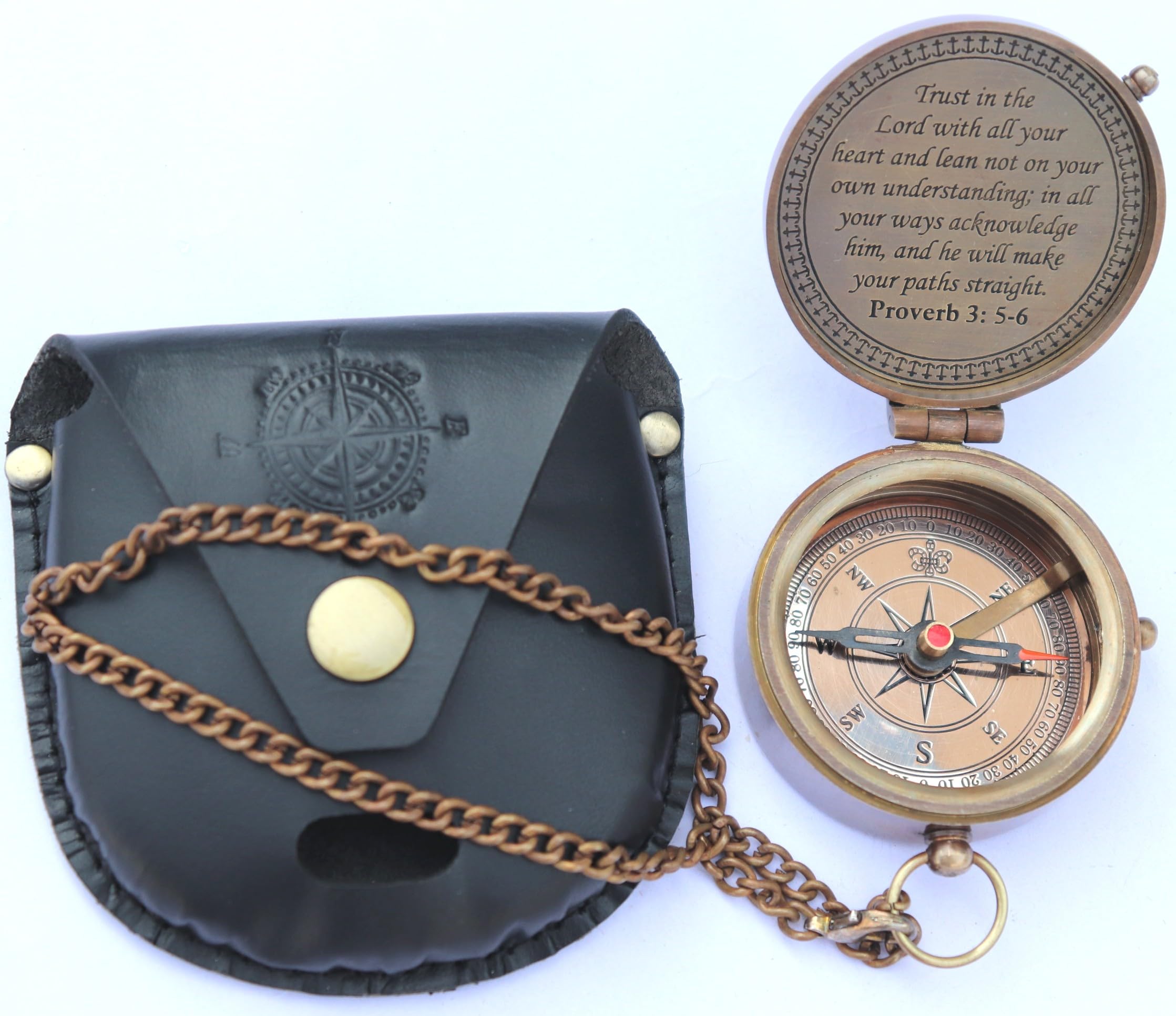 MADSNIIB Brújula de latón grabada para dirección, camping, senderismo, brújula portátil con cadena y funda de cuero, regalo religioso, idea de regalo misionero antiguo hecho a mano, confianza en el