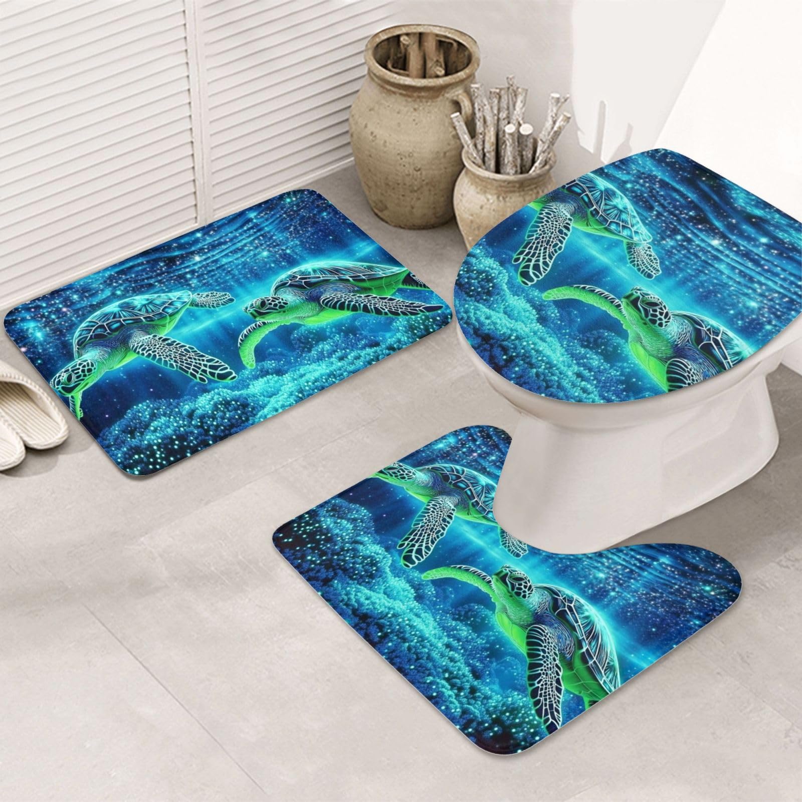 Juego de alfombras de baño de tortuga marina con 3 piezas de microfibra