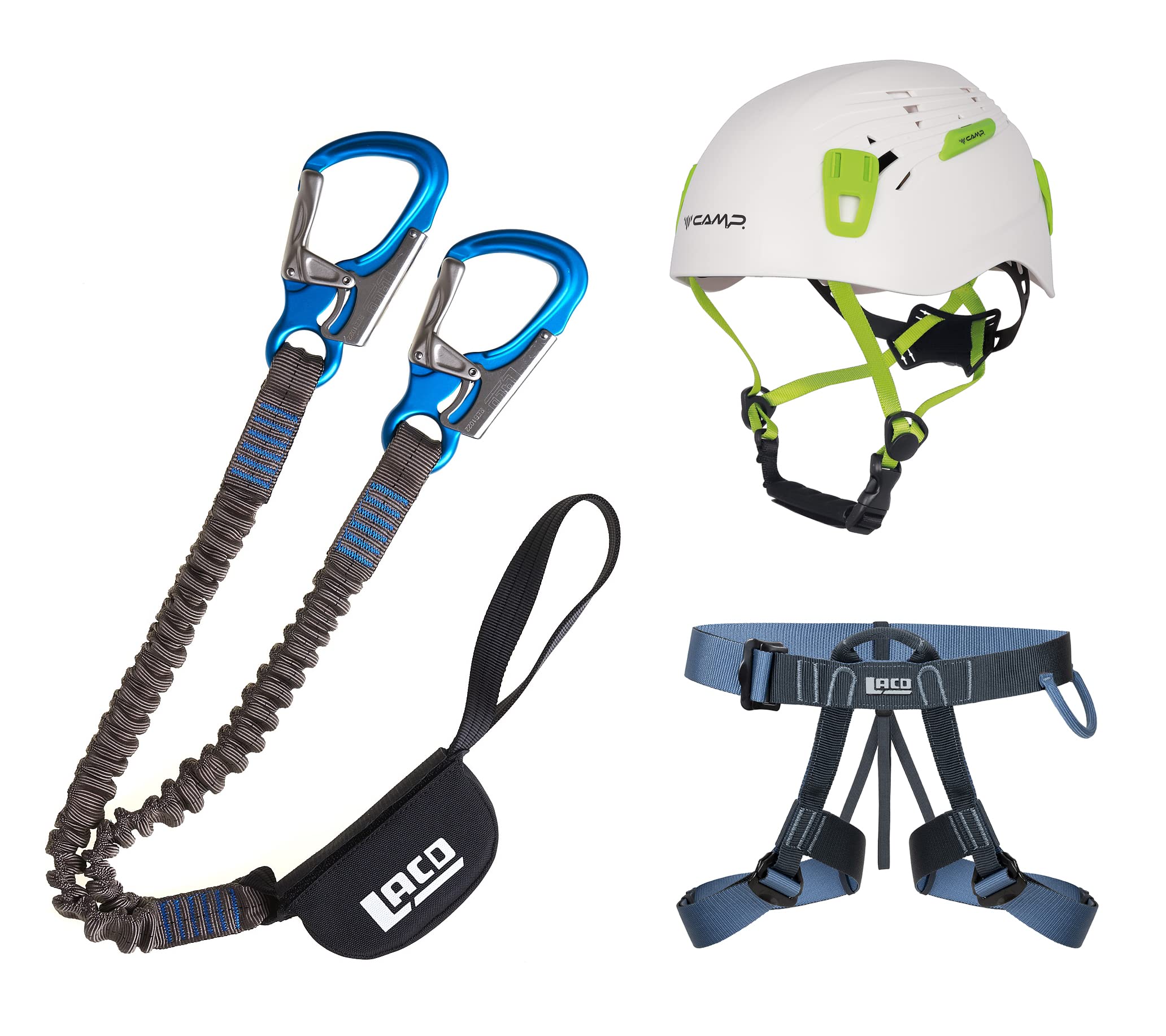 LACD Klettersteigset Pro Evo 2.0 + Klettergurt Easy EXP + Helm Camp Titan White 54-62cm