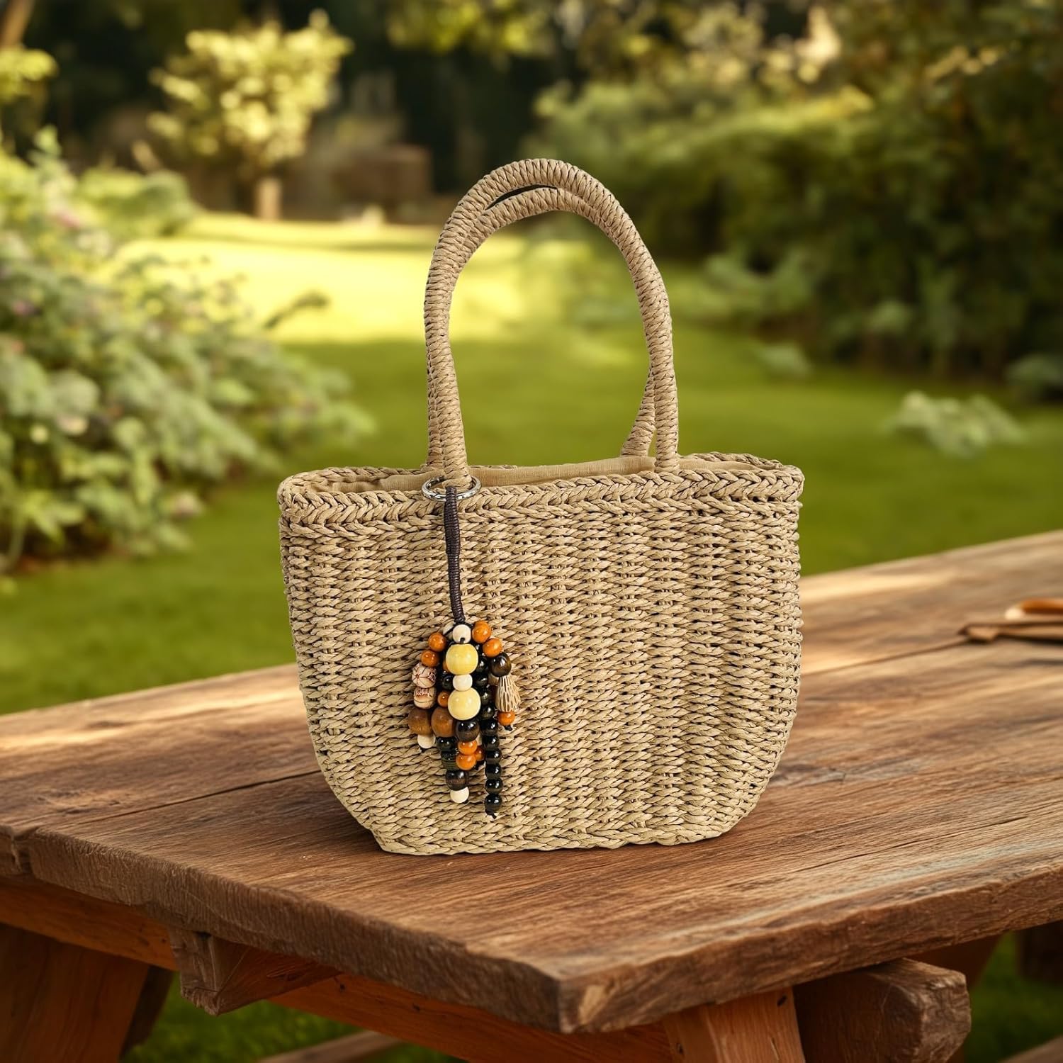 Natural Wood Beaded Keychain, Bohemian Healing Key Ring, Handmade Bag Charm, Retro Lucky Decoration for Tote Bag - Image 3