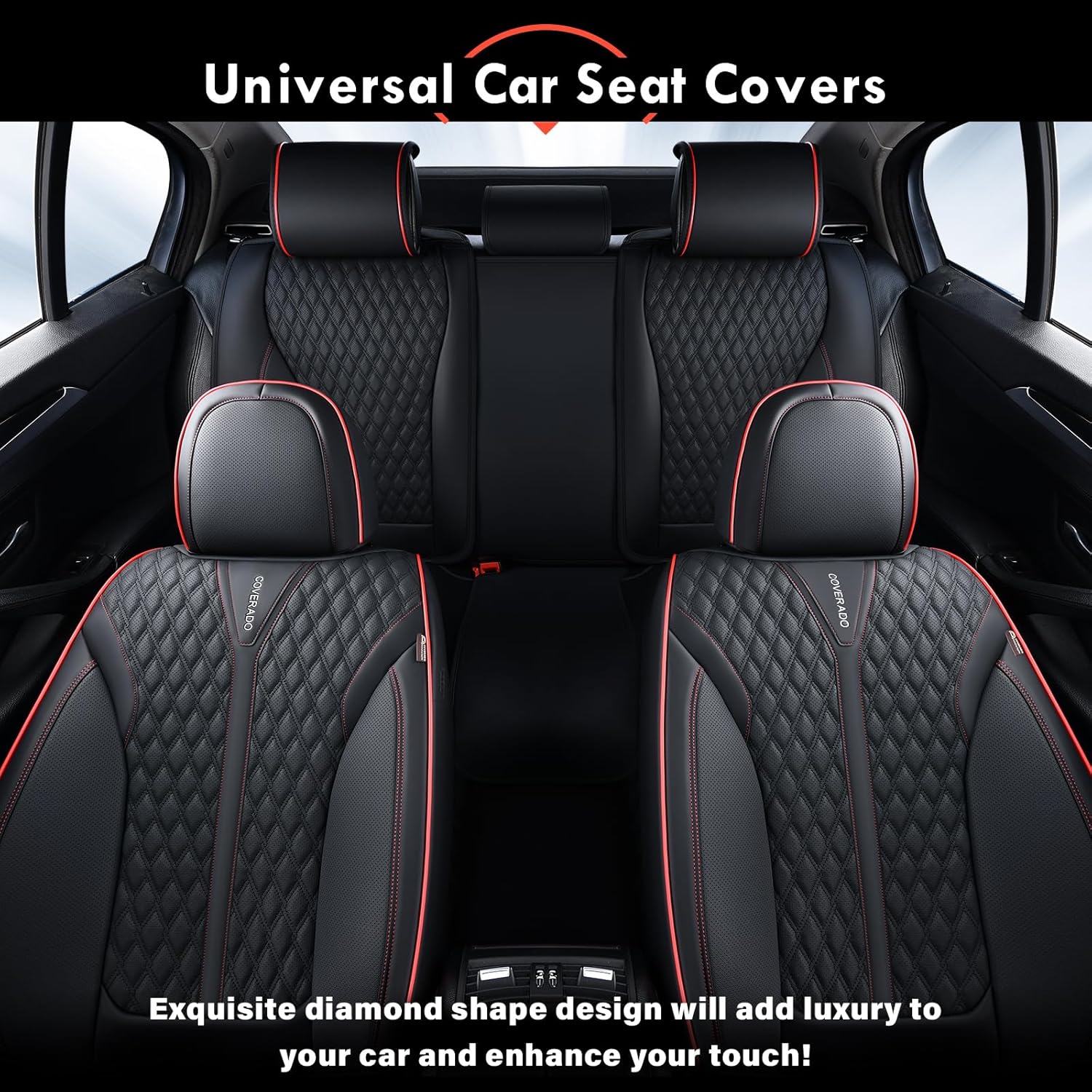 Coverado Car Seat Covers Full Set, Nappa Leather Seat Covers for Cars, Waterproof Front Seat Covers and Back Seat Covers, Car Seat Protector, Car Seat Cover Universal Fit for Most Cars, Black&Red