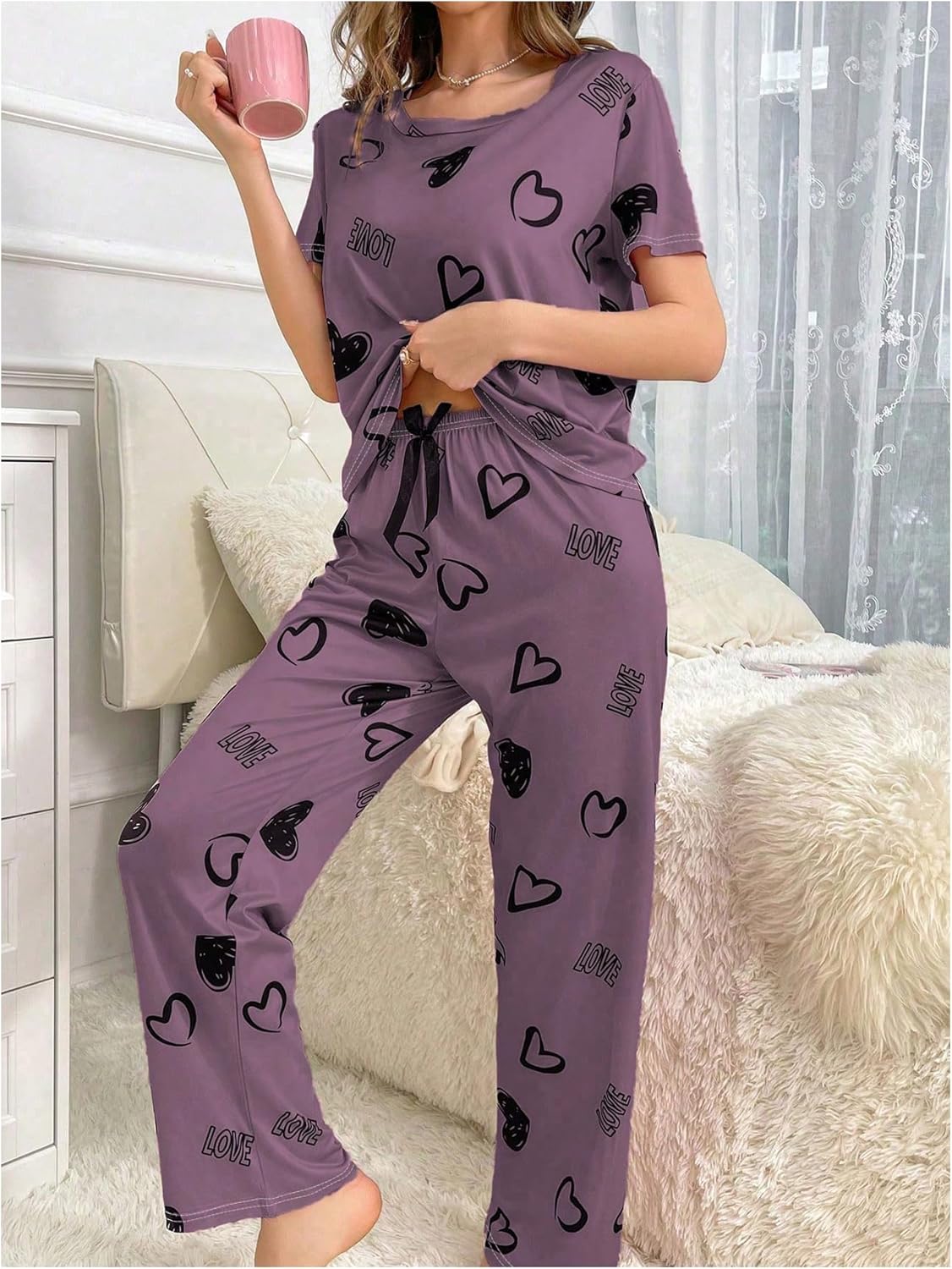 Floerns Women's 2 Piece Heart Pajama Set Short Sleeve Crew Neck Tee Tops with Pants Set - Image 2