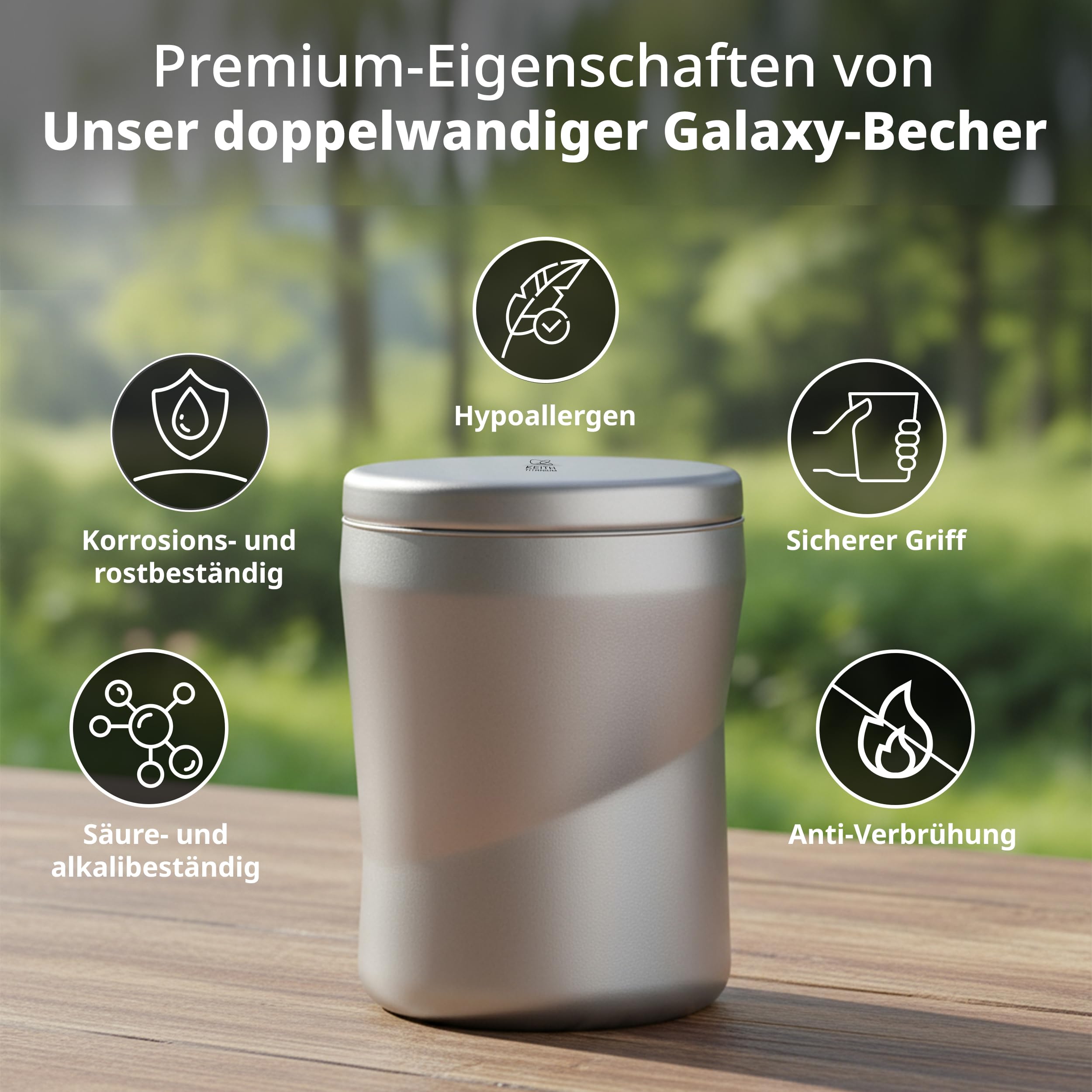 Keith Galaxy Doppelwand-Titanbecher - Isolierter Reise-Kaffeebecher mit Deckel | Wärmeisolierung für heiße und kalte Getränke | bester Reisebecher für Büro und Außeneinsatz | Wespengröße 220ml