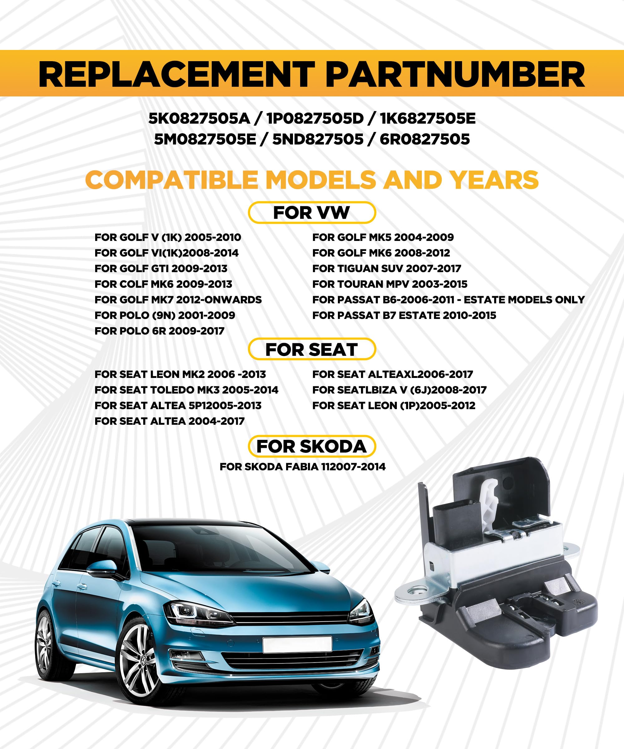 Flaconi Serratura del Bagagliaio Dell'auto,Serratura del Coperchio del Bagagliaio della Porta Posteriore,Lucchetto per Portellone Posteriore,Accessori per Auto,OEM di Riferimento 1K6827505A,1K6827505B