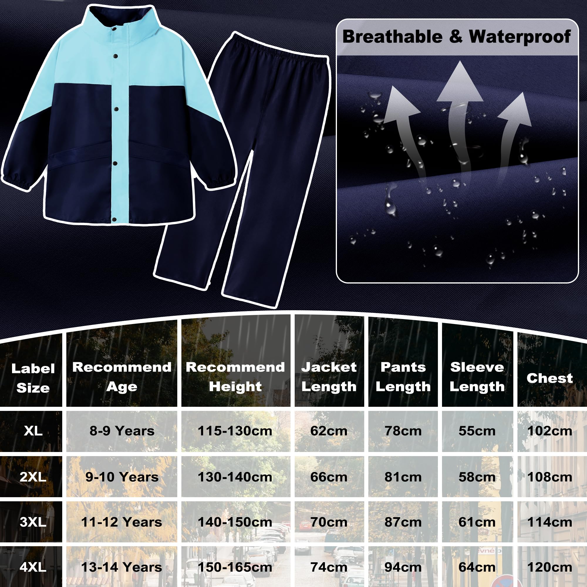 Enfants Imperméable à Capuche, Unisexe Fille Garçon Léger Manteau Veste de Pluie et Pantalon Combinaison avec Bandes Réfléchissante, Vêtements de Pluie pour Sport Randonnée Voyage 8-14 Ans