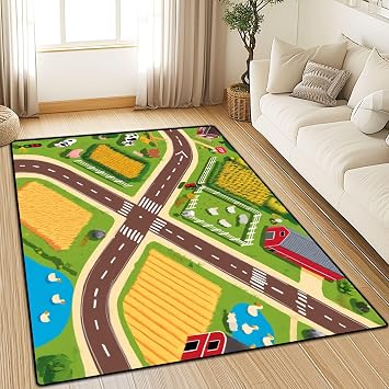 Washable Area Rug Farm Map Cute Animal Game Road Map Play Farm Animals Barns Stables 4x5.3 Low Pile Throw Rug Non-Slip Non-Shedding Rug Indoor Carpet for Living Room Bedroom Kids Room Home Decor