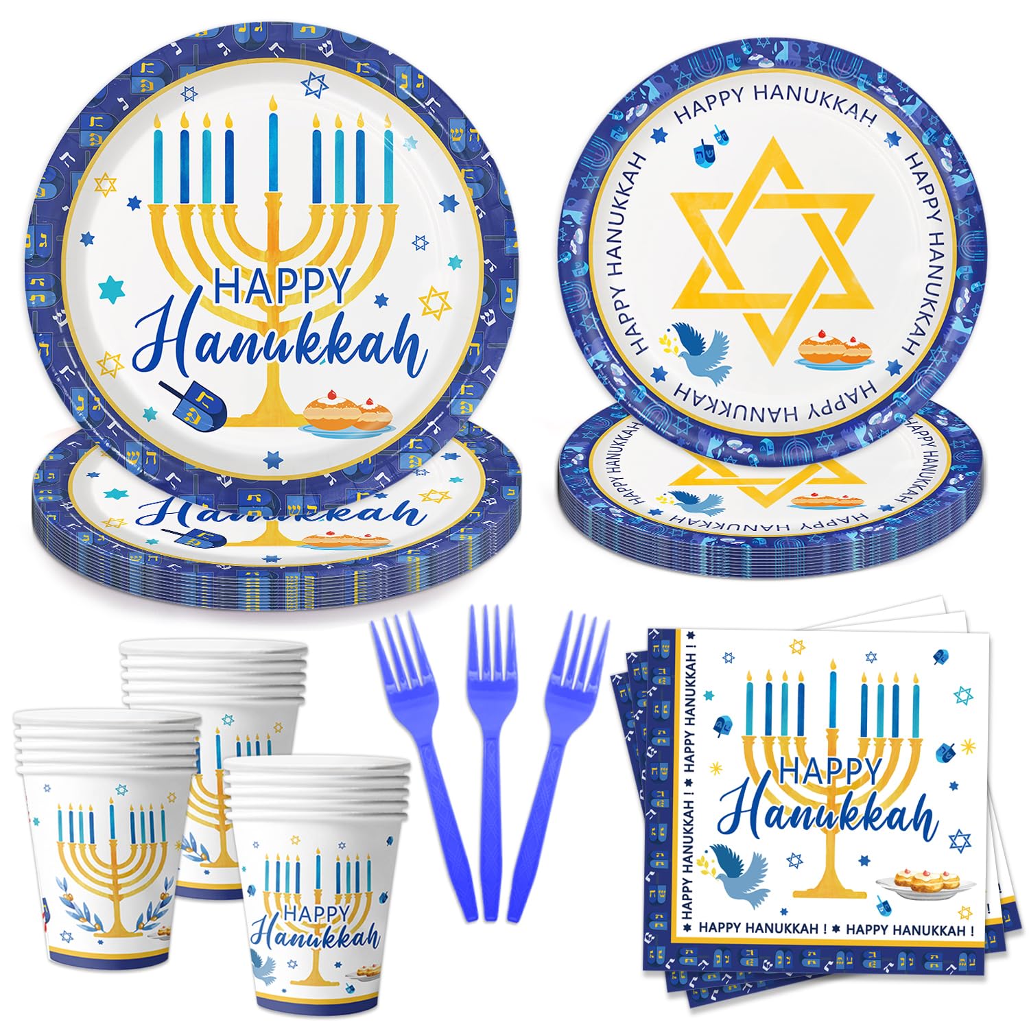 Oigco Hanukkah Party Supplies Dinnerware Set - Plates, Cups, Napkins, Forks for Party Decorations, Serves 24 Guests
