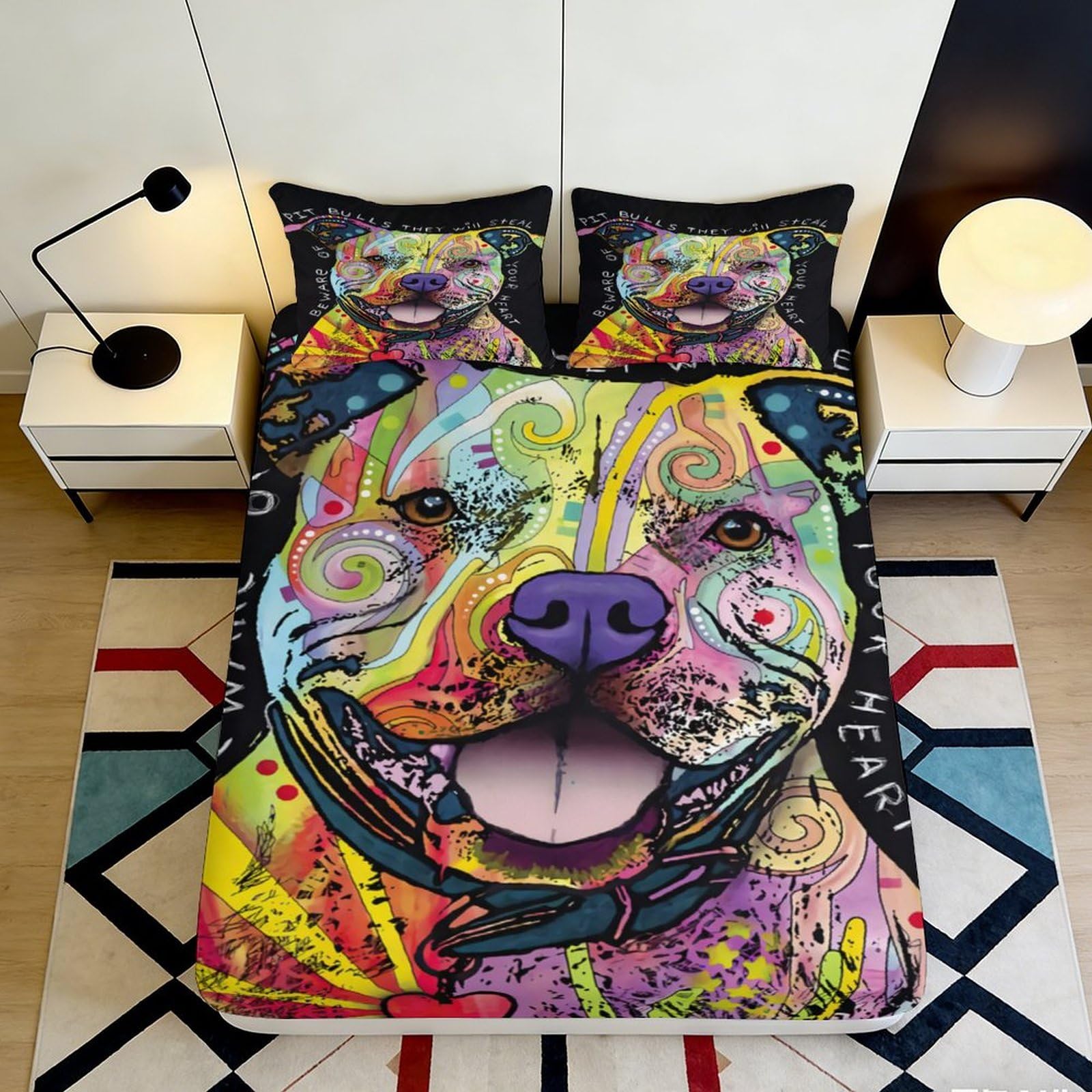 3D Printed Colorful Pitbull Fitted Sheet Microfiber Soft Durable Vibrant Dog Pattern Bed Sheet for Bedroom Dormitory Guest Room Mattress Protection 200x200x25cm