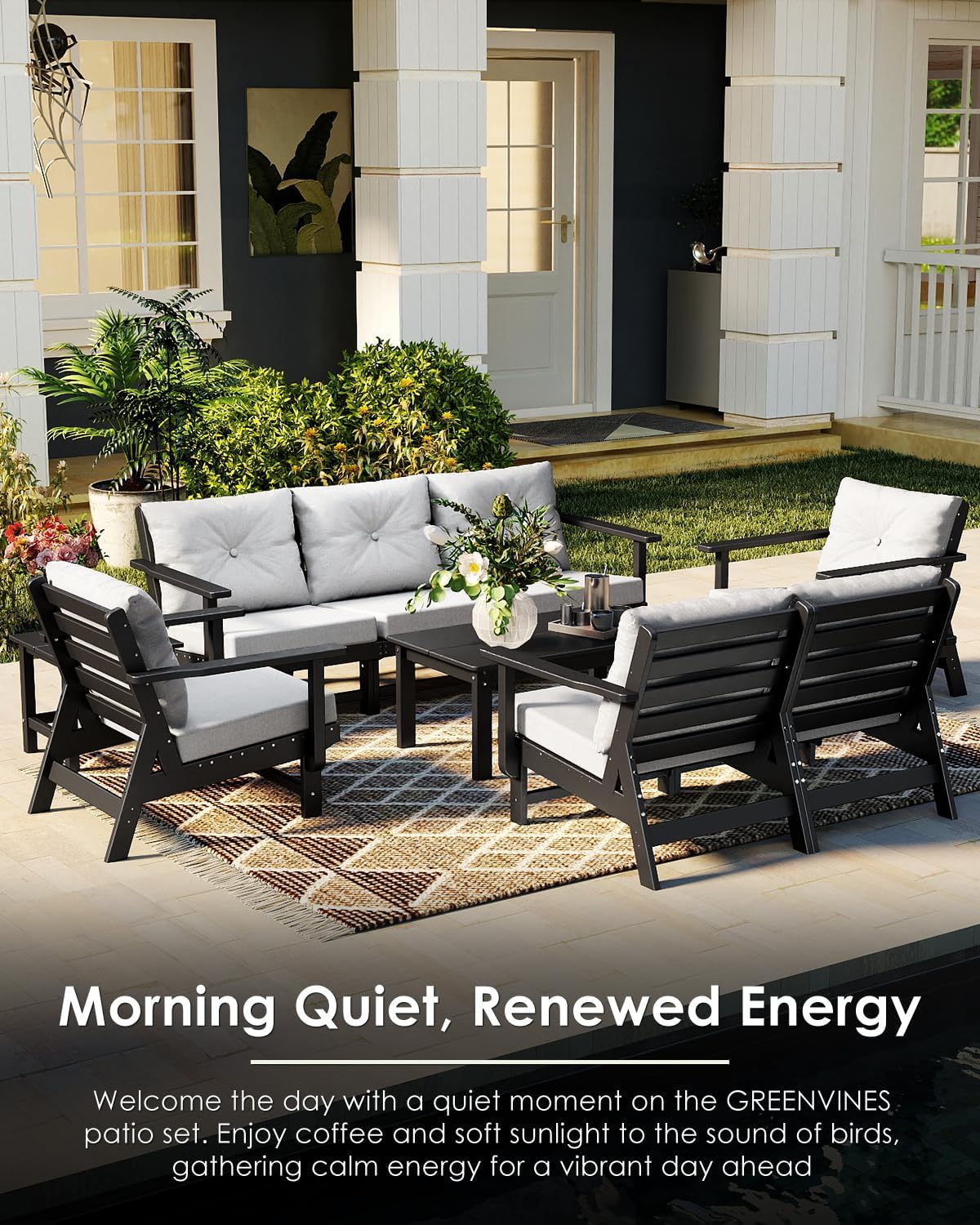 GREENVINES Outdoor-Coffee-Table | HDPE Plastic | Patio Coffee Tables | Rectangle | All Weather | for Balcony Poolside Deck Garden | TriLuxe | Black
