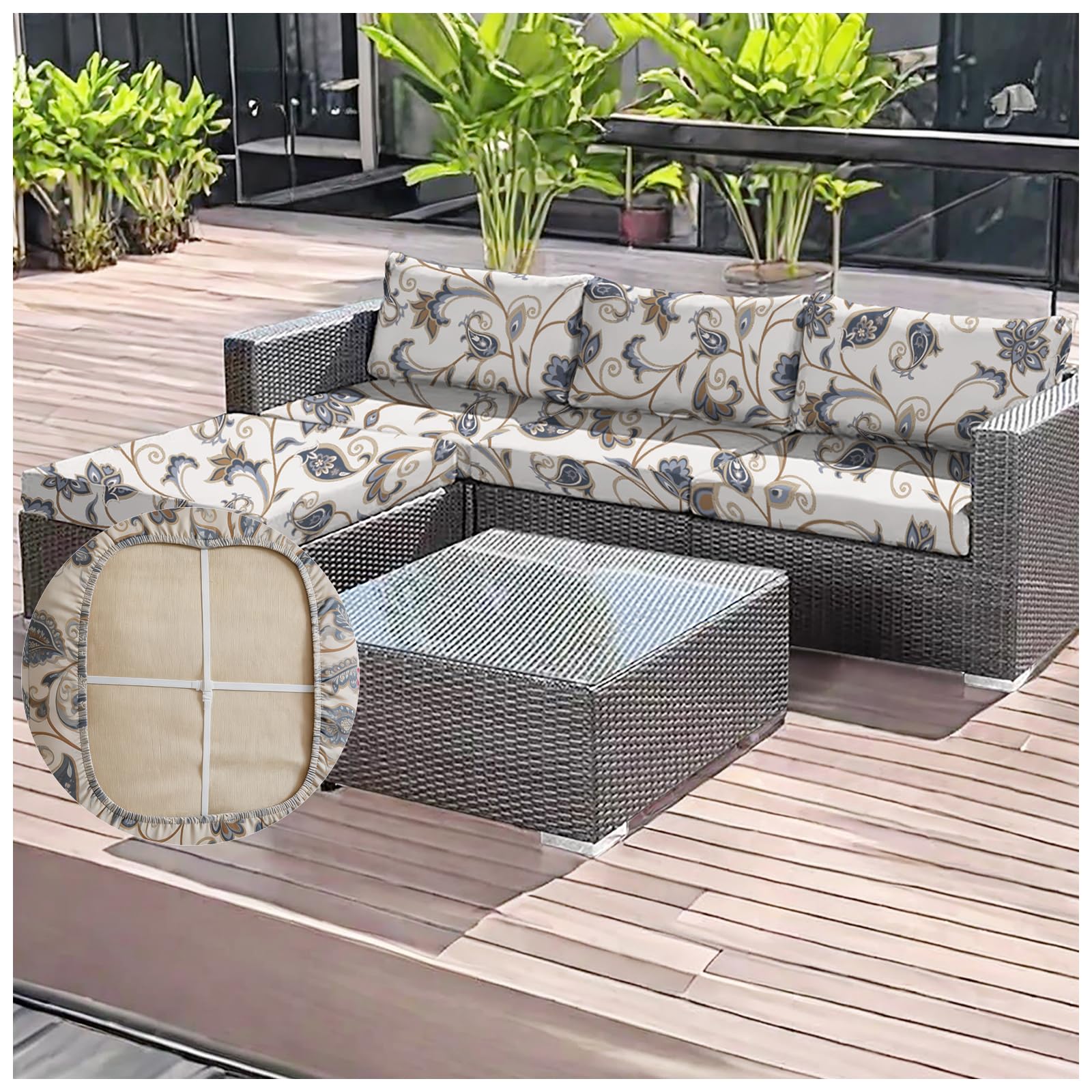 OREZAUQS 2/3/4 Pack Stretch Patio Cushion Covers | Water Resistant Outdoor Cushion Slipcovers | Washable Furniture Protector, Multiple Printed Patterns (G,S (4 PCS))