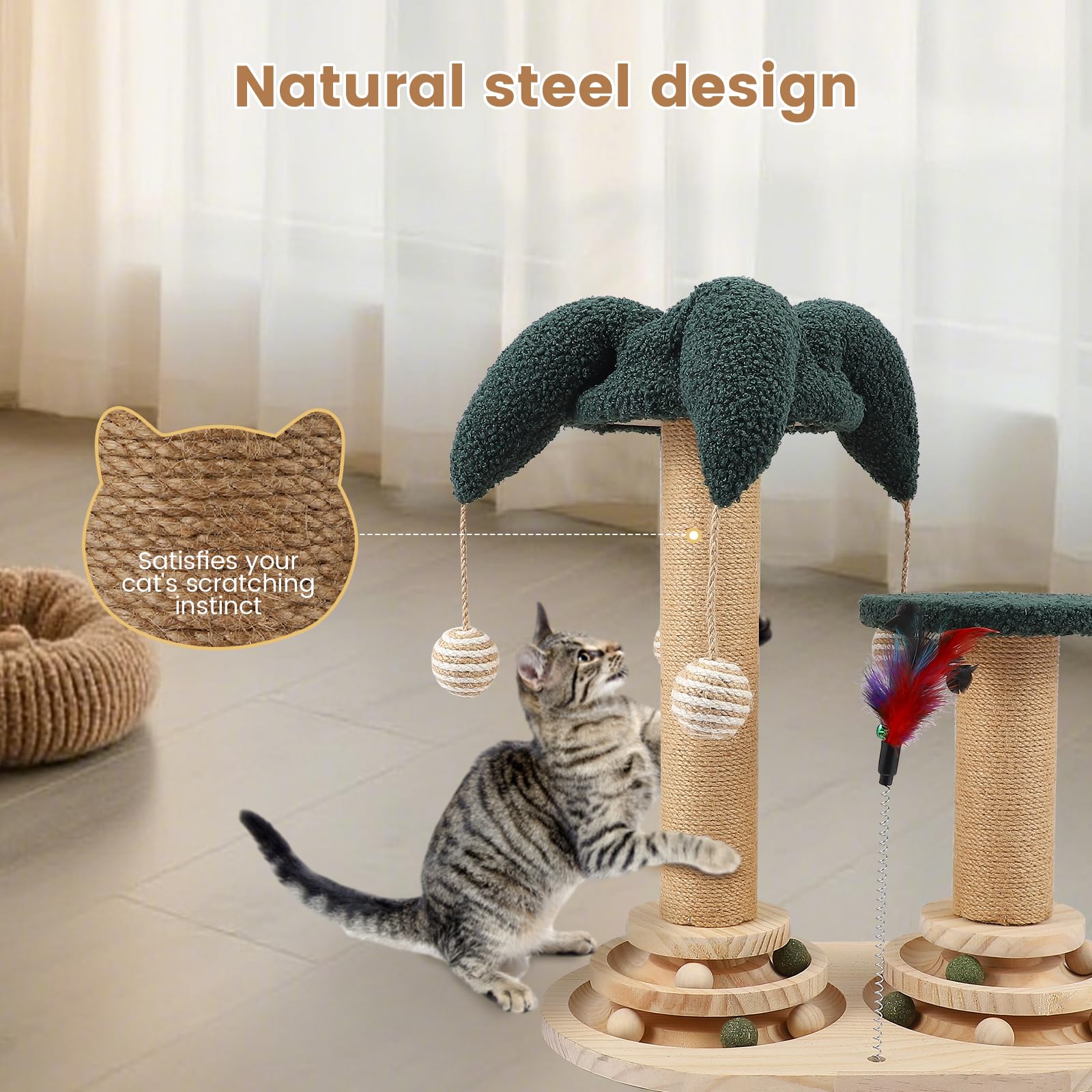 Juego de Juguetes interactivos 6 en 1 para Gatos con Pelota giratoria, Plumas, sisal y Yute Poste rascador, Tabla rascadora y Juguete, Mueble rascador, Juguete de Madera para Gatos con Plumas