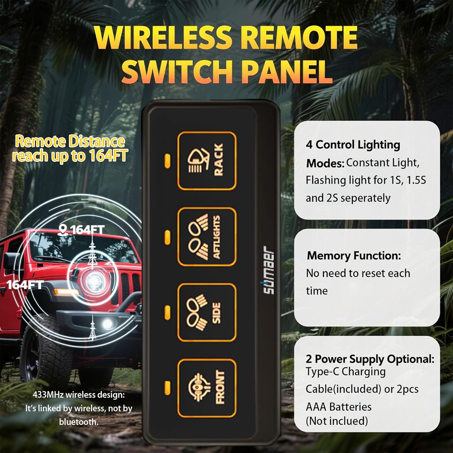 4 Gang Wireless Switch Panel,Multifunction Remote Switch Panel for Offroad Lights with 4 Modes & 2 Power Options & Waterproof -Wide Applicable for 12V/24V Vehicles Truck SUV ATV UTV Boat etc.