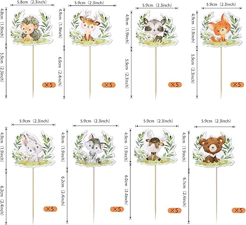 Miniatura 2 de Rsstarxi Paquete de 40 decoraciones para cupcakes de animales del bosque, temática de bosque, baby shower, decoración de pasteles para criaturas del