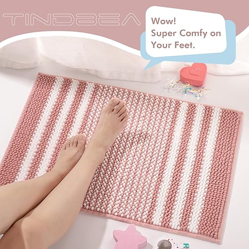 Miniatura 5 de Juego de alfombras de baño Tindbea 2 piezas, extra suave y absorbente, felpudo de baño de chenilla a rayas esponjosas, antideslizante, lavable a