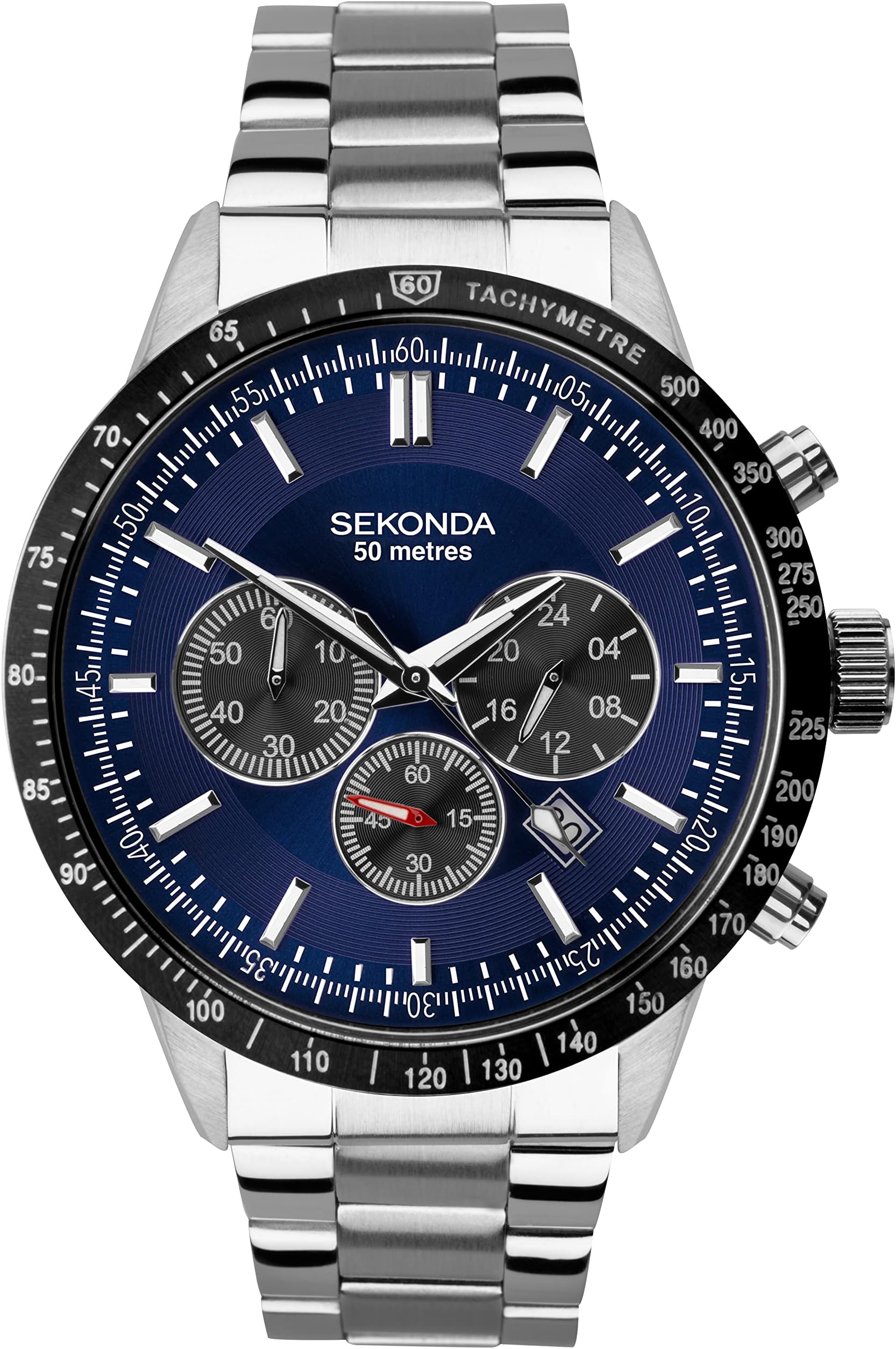 Sekonda Men's Chronograph Watch, Blue dial with Stainless Steel Silver Bracelet 1970