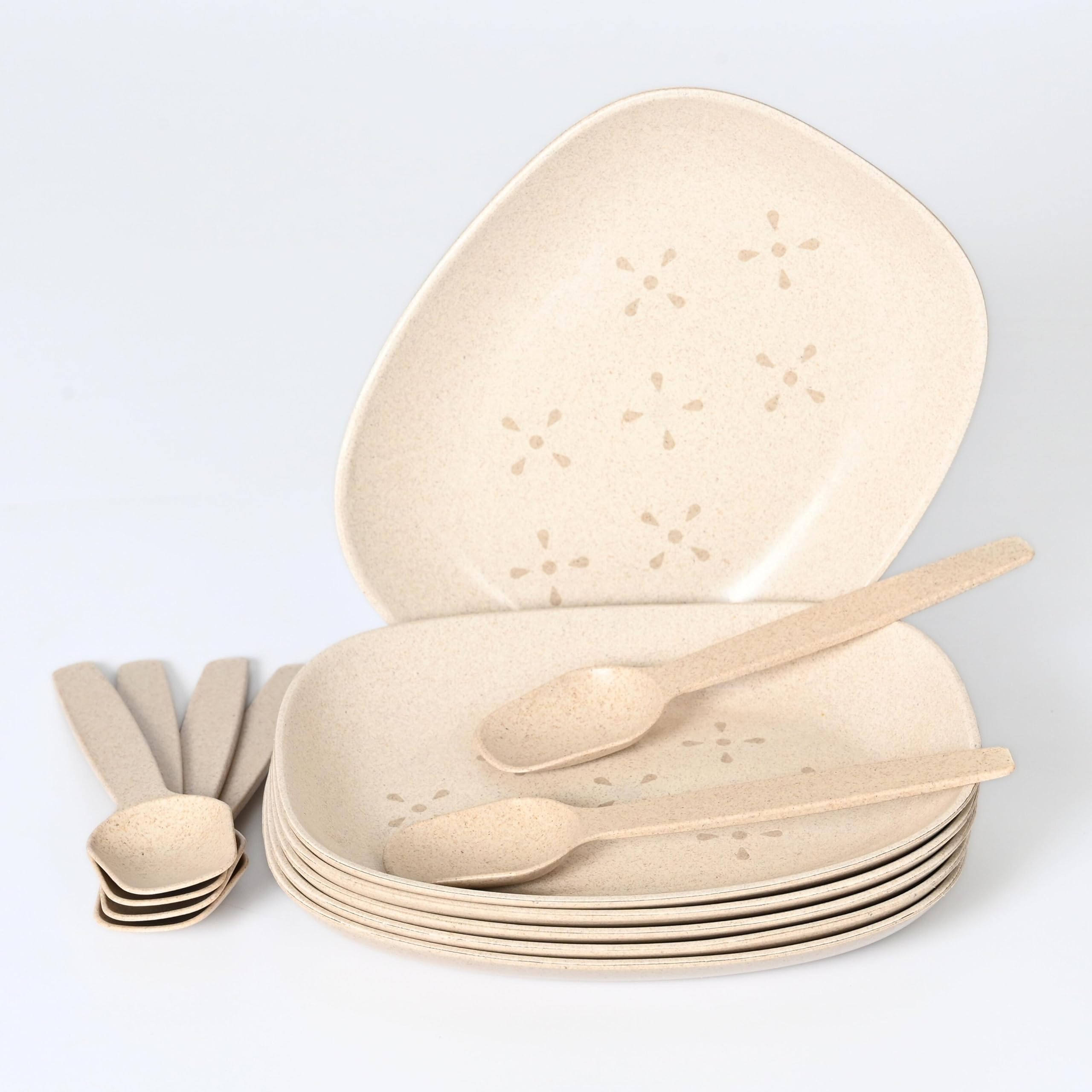 Eha Earth-Friendly Small Snack Serving Plates Set of 6 with Spoons | 6 inch | Small Snack Plates Made with Bamboo Fibers & Rice Husk Fiber | Microwave Safe | Dessert Plates | Sand Castle