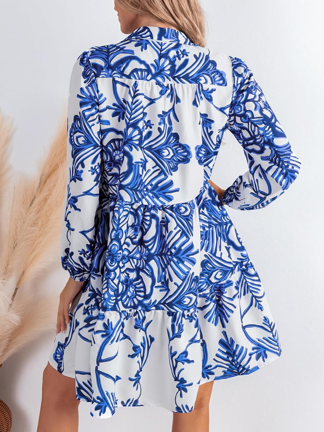 CUPSHE Women's 2025 Fall Dress Long Sleeve V Neck Button Floral Tunic Ruffled Casual Flowy Mini Summer Dress - Image 3