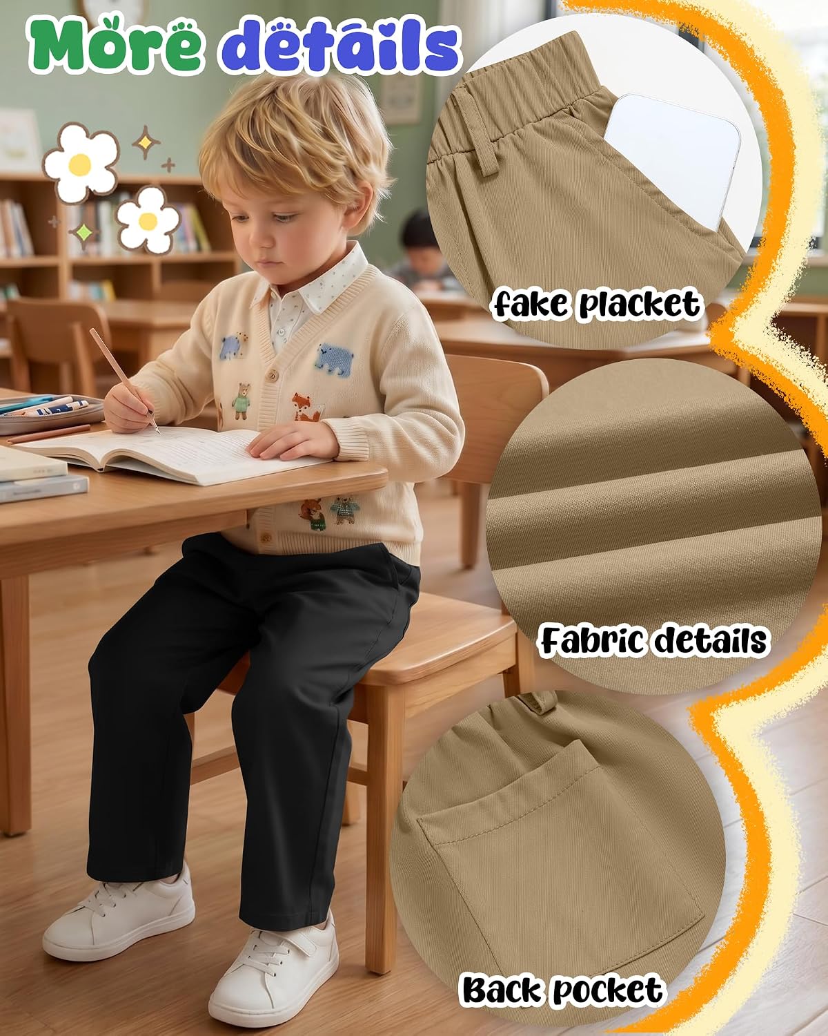 2 Pack Toddler Boys Uniform Pants Dress Pull on School Pants Wide Leg with Pockets for Kids 18M-5T