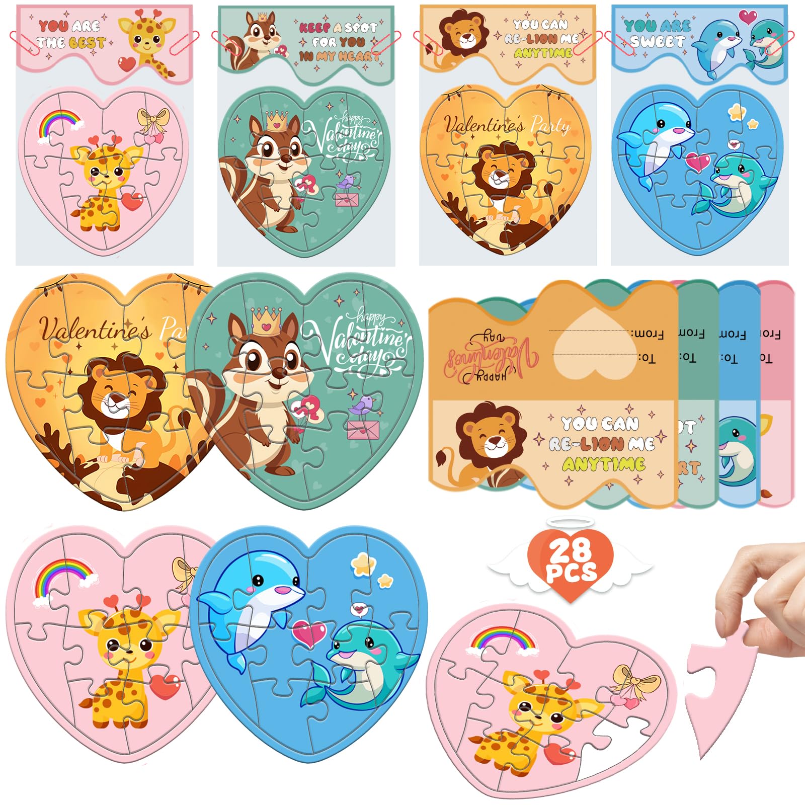 Valentine's Day Gift for Kids, 28 Pack Valentine Cards for Kis School with Heart Jigsaw Puzzle,Cute Animal valentines puzzle Gifts for Classroom Exchange Party Favor for Boys Girls