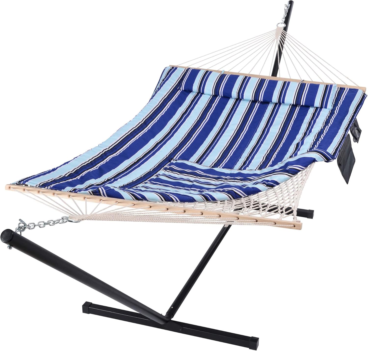 SUNCREAT Hammock Double Hammock with Stand, Two Person Cotton Rope Hammock, Blue Stripe : Patio, Lawn & Garden